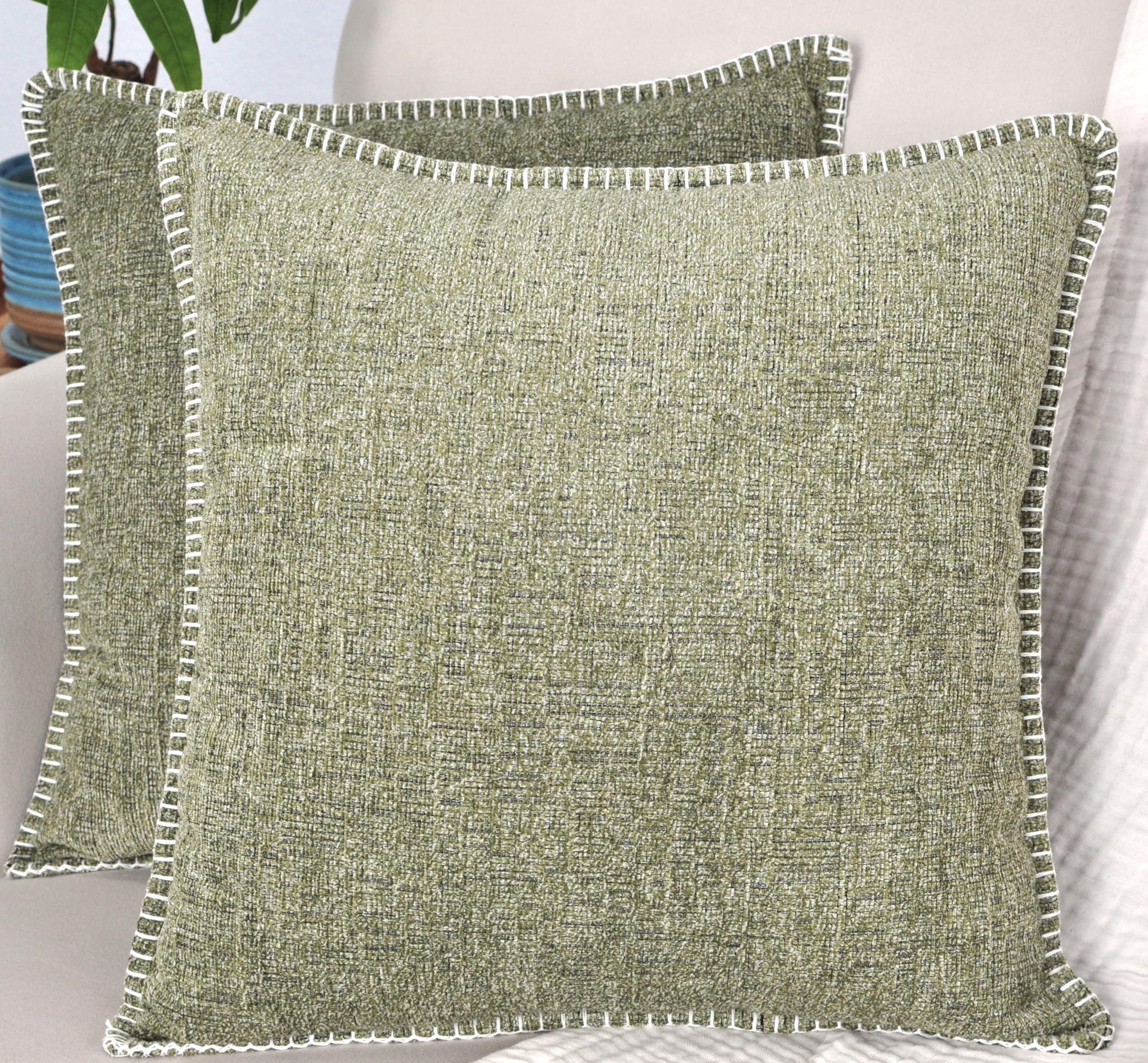 20X20 Inch Sage/Olive Green Textured Chenille Pillow Covers Set Of 2 With Stitched Edge/Velvet Soft Cushion Covers/Modern Pillow