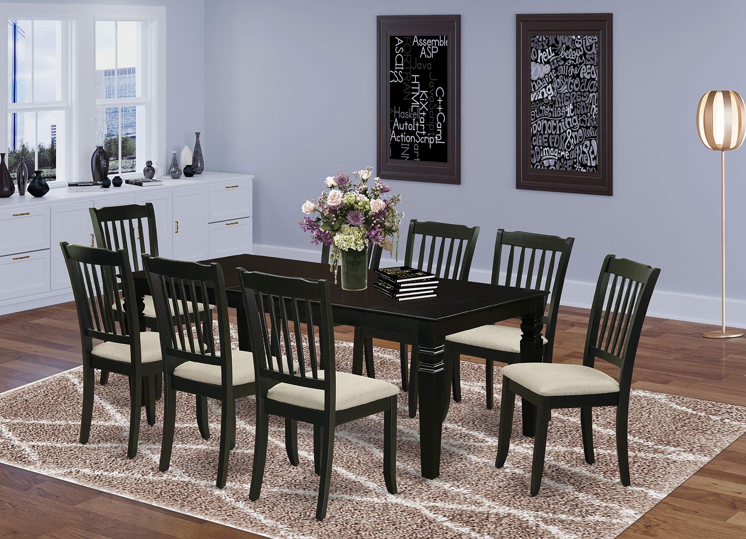 East West Furniture Lgda9-Blk-C 9 Piece Room Set Includes A Rectangle Kitchen Table With Butterfly Leaf And 8 Linen Fabric Upholstered Dining Chairs, 42X84 Inch, Black