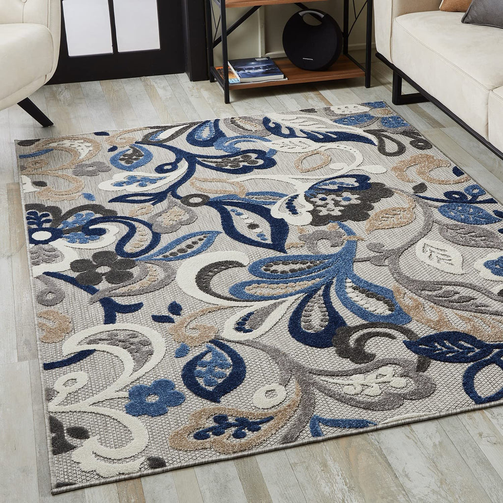 HomeRoots Grey/Blue UV-Treated Polypropylene 8’ x 10’ Blue Gray Jacobean Floral Indoor Outdoor Area Rug