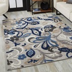 HomeRoots Grey/Blue UV-Treated Polypropylene 8’ x 10’ Blue Gray Jacobean Floral Indoor Outdoor Area Rug