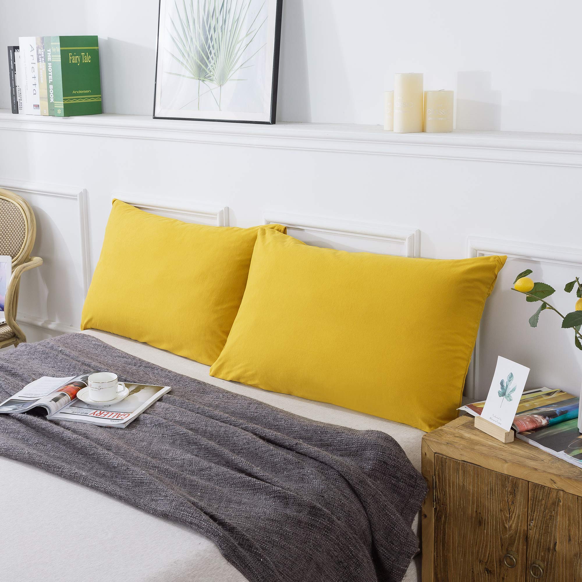 Kaiang Cotton Pillowcase Set, Jersey Knit, Soft, Cozy, All Season, Queen Size, Yellow