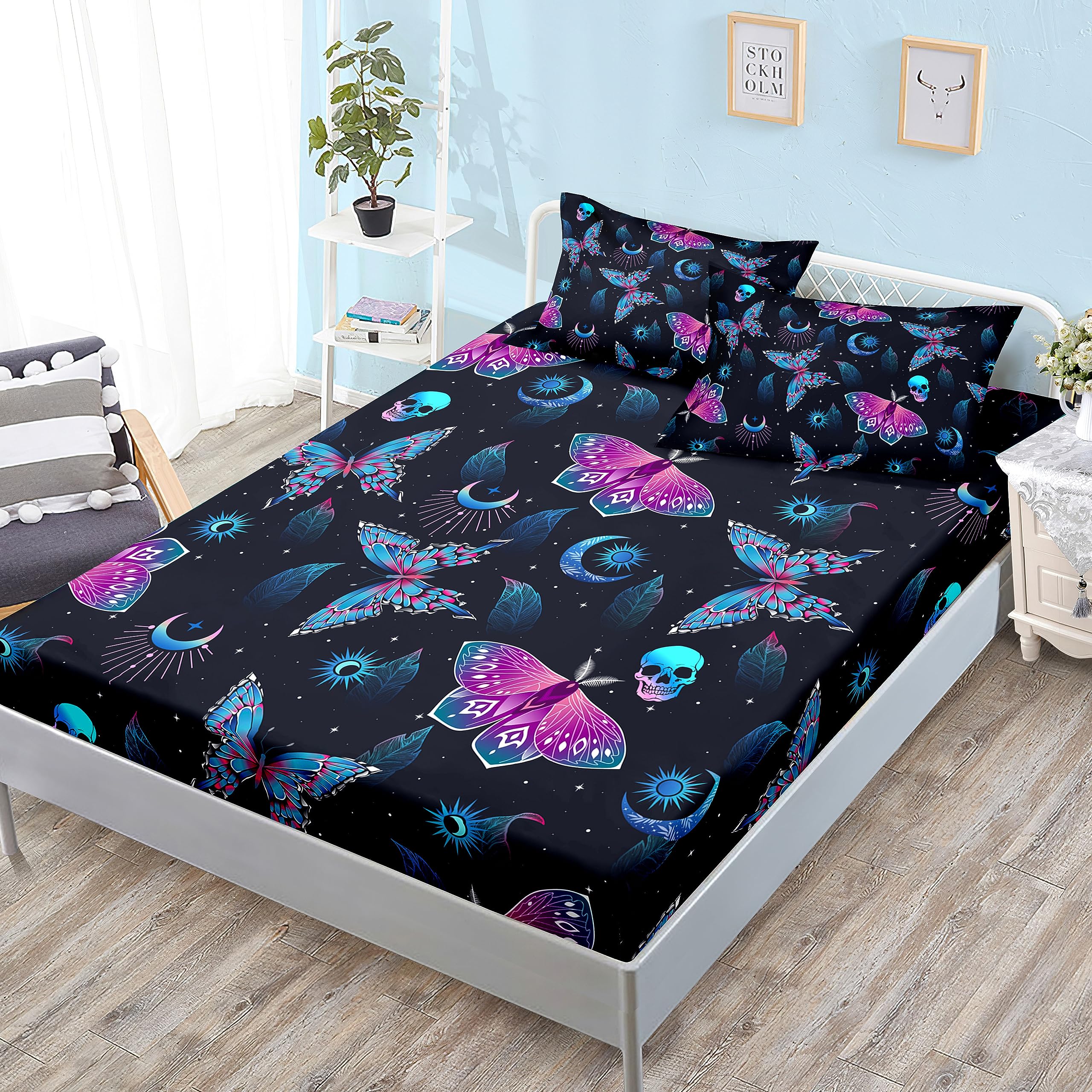 Hosima Halloween Fitted Sheet Skull Butterfly Bed Set,Goth Bedding Set Black Sheets Deep Pocket All-Round Elastic Bed In A Bag F