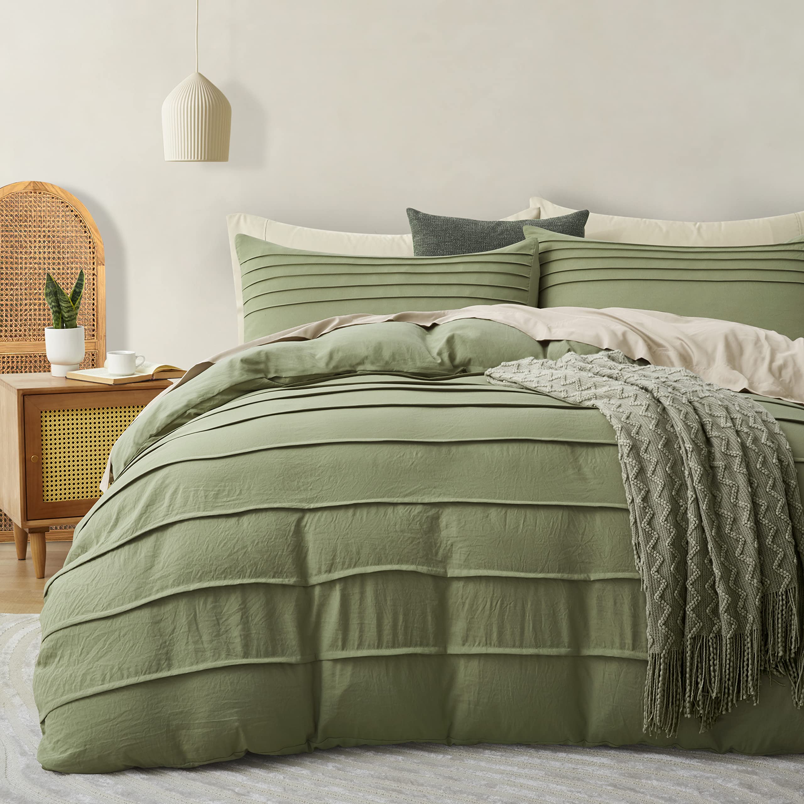 Oli Anderson Sage Green Duvet Cover Queen Size - Pleated Queen Duvet Cover, 3Pcs Soft And Breathable Textured Bedding Set With Z