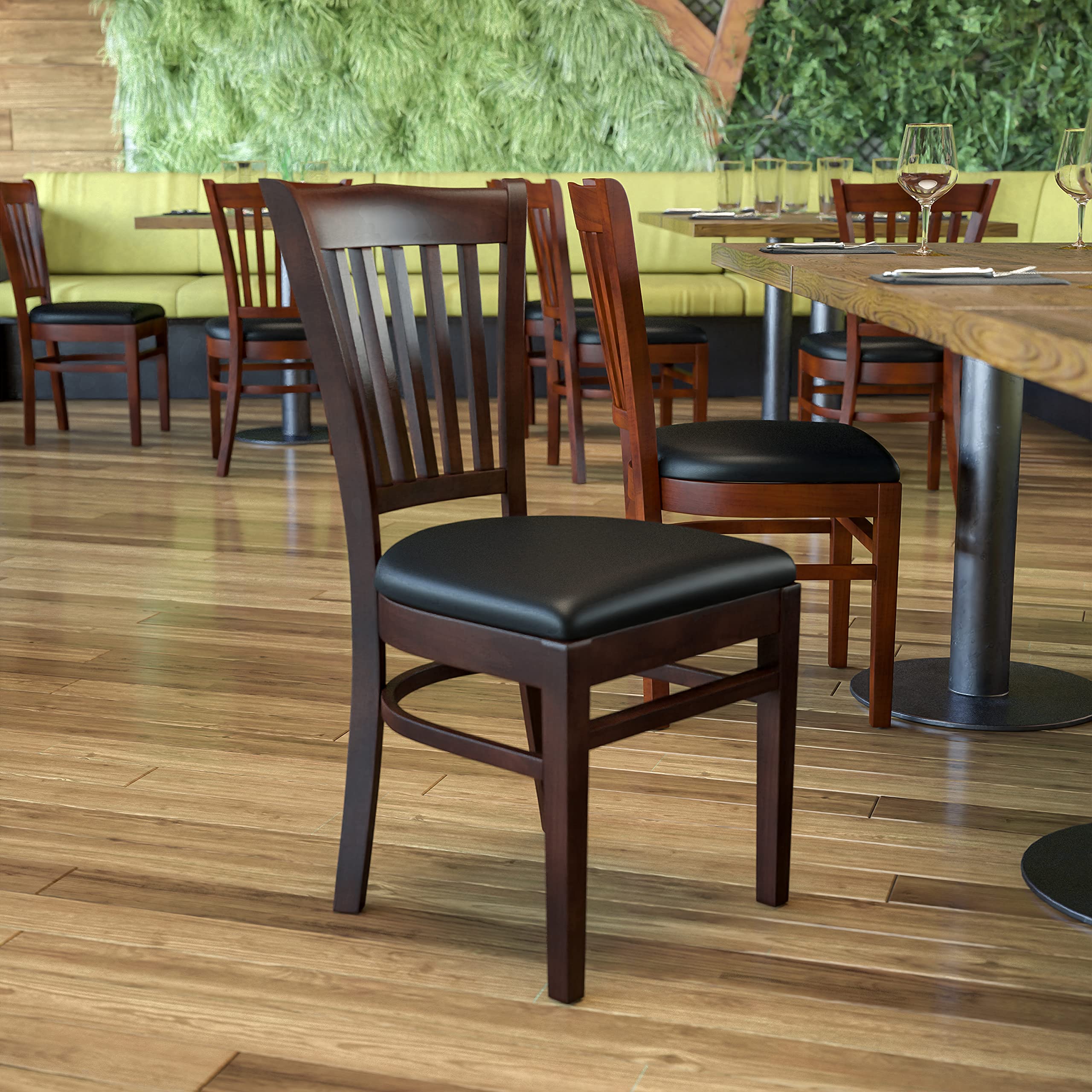 Flash Furniture Hercules Series Vertical Slat Back Walnut Wood Restaurant Chair - Black Vinyl Seat