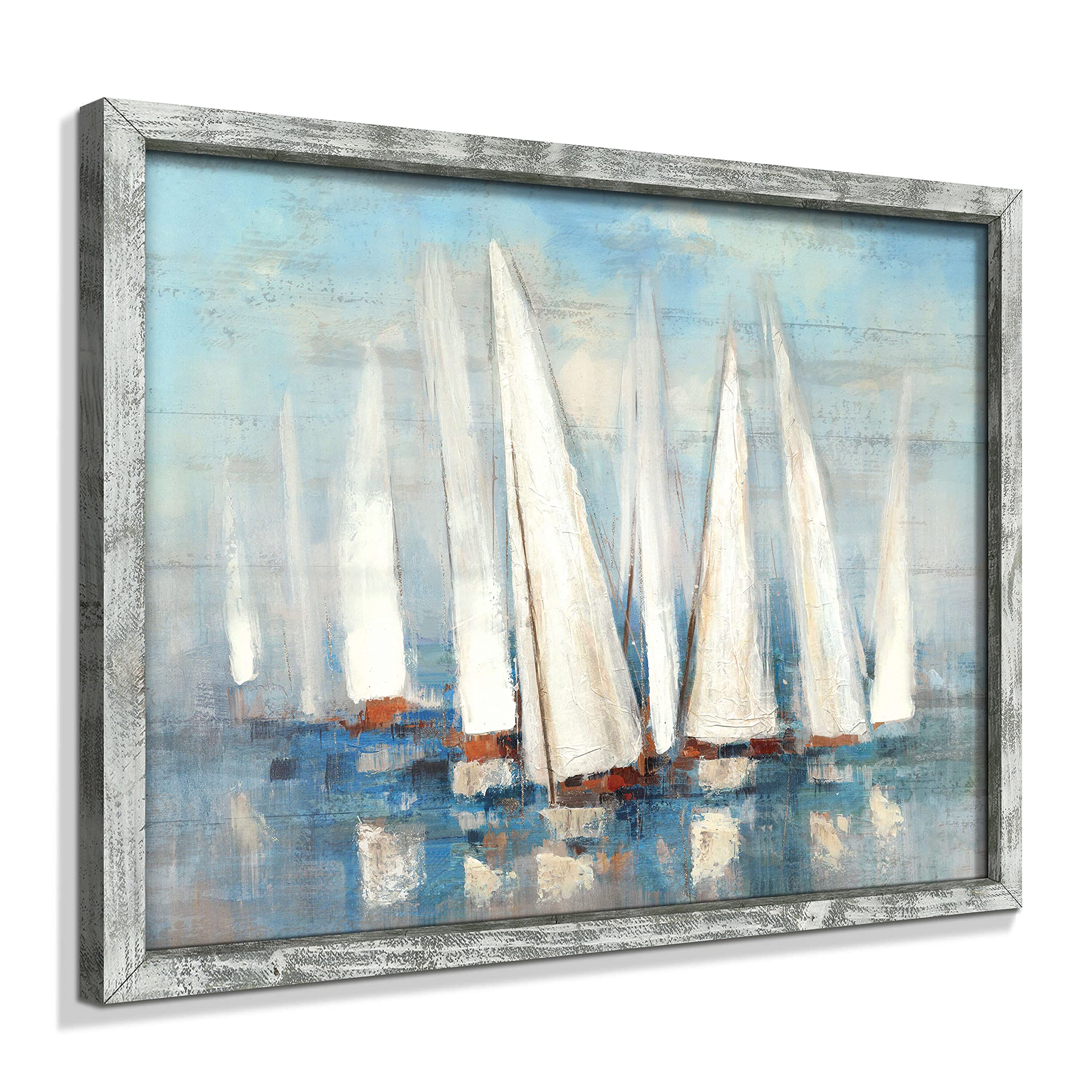 Seascape Framed Painting Wall Art: Abstract Ocean Artwork Coastal Picture Sailboat Prints on Wood in Modern Style for Home Decor