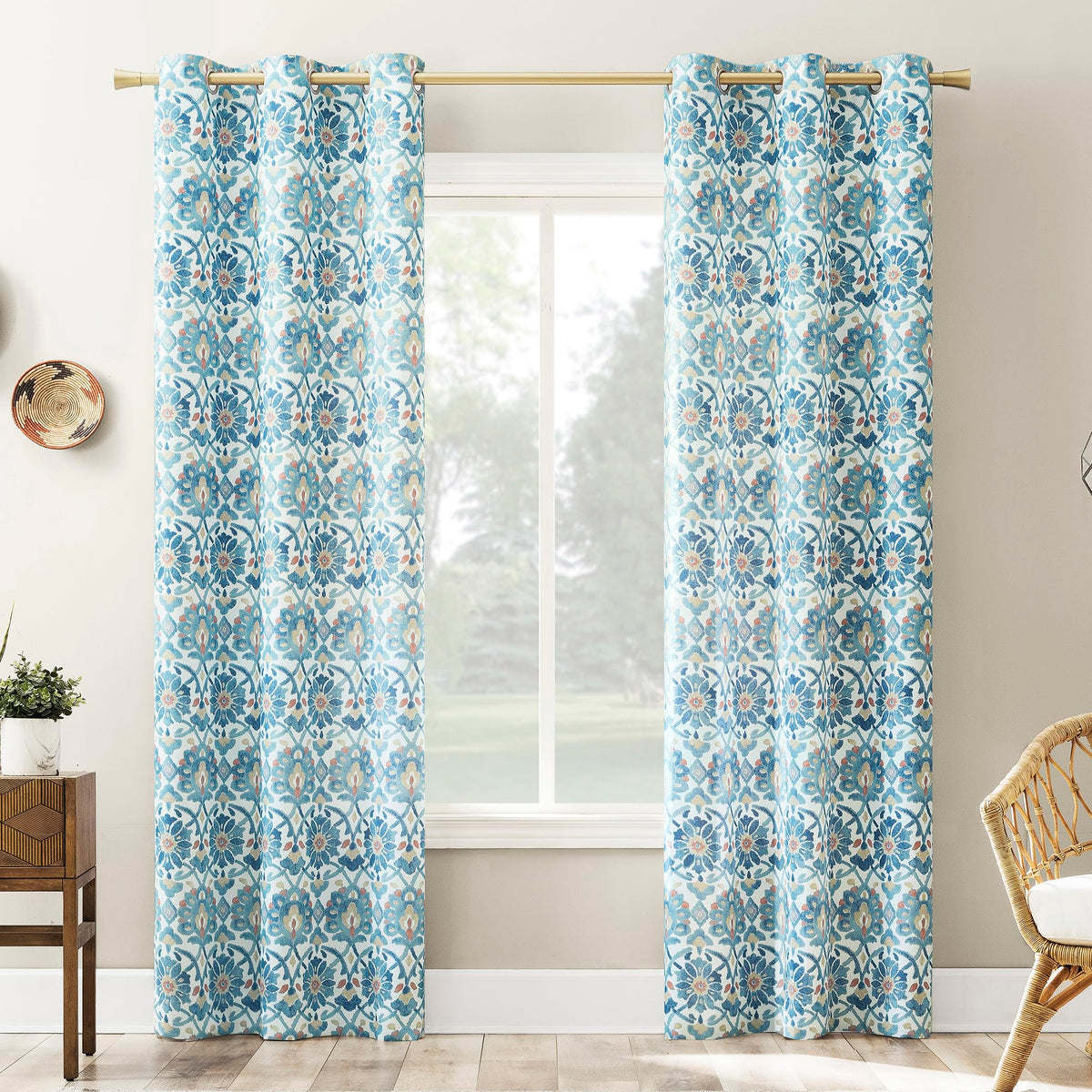 No. 918 Hermione Watercolor Medallion SemiSheer Grommet Curtain Panel, Denim Blue, 40 W x 84 L (1 Panel)