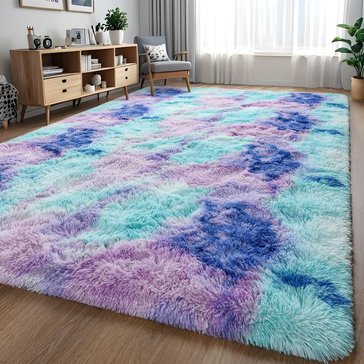 Larhom 5x8 ft Rainbow Tie Dye Kids Area Rugs for Girls Bedroom, Shaggy Rugs for Kids Playroom Decor, Baby Toddler Carpets, Princ