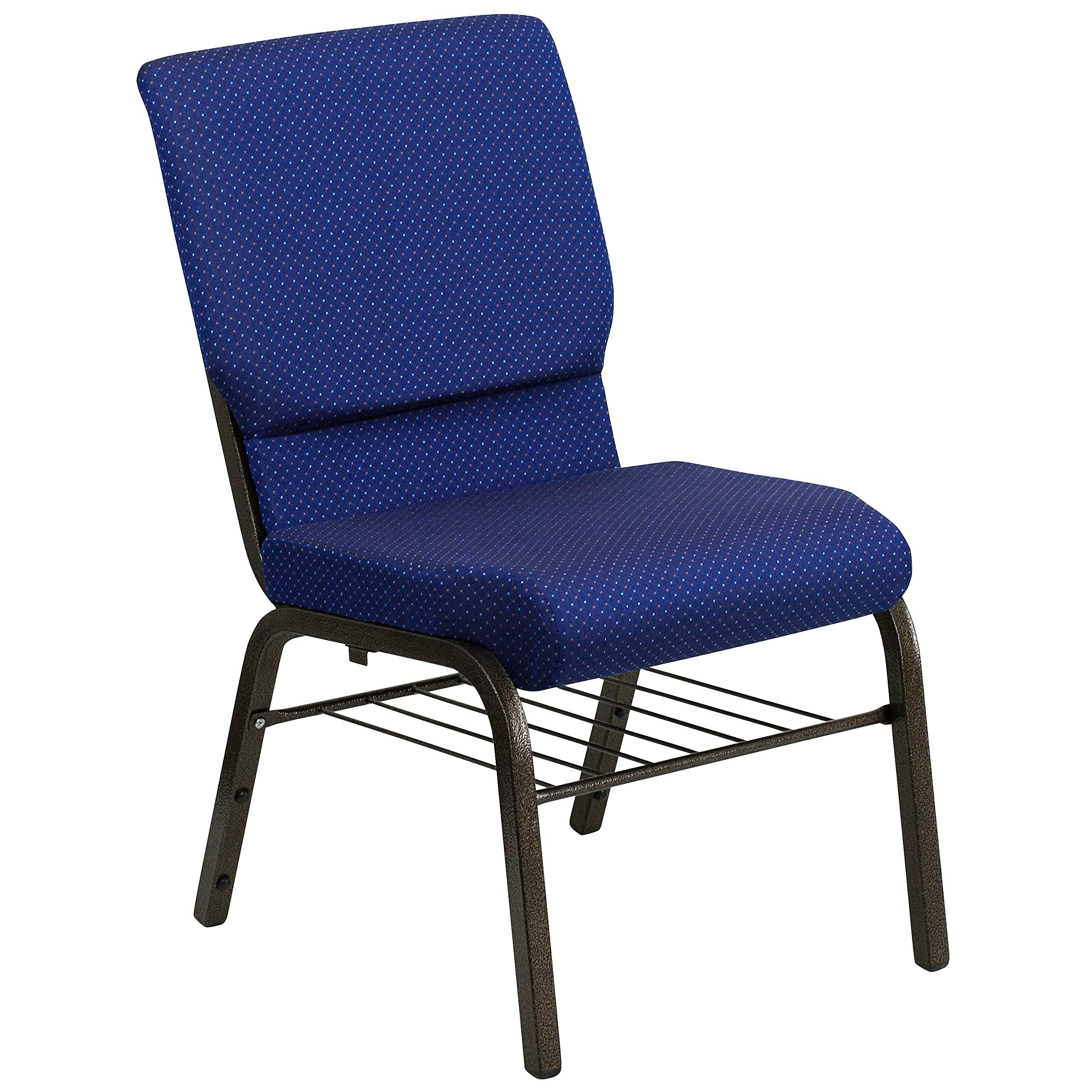 4 Pk. 18.5W Navy Blue Fabric Church Chair, Book Rack - Gold Vein Frame