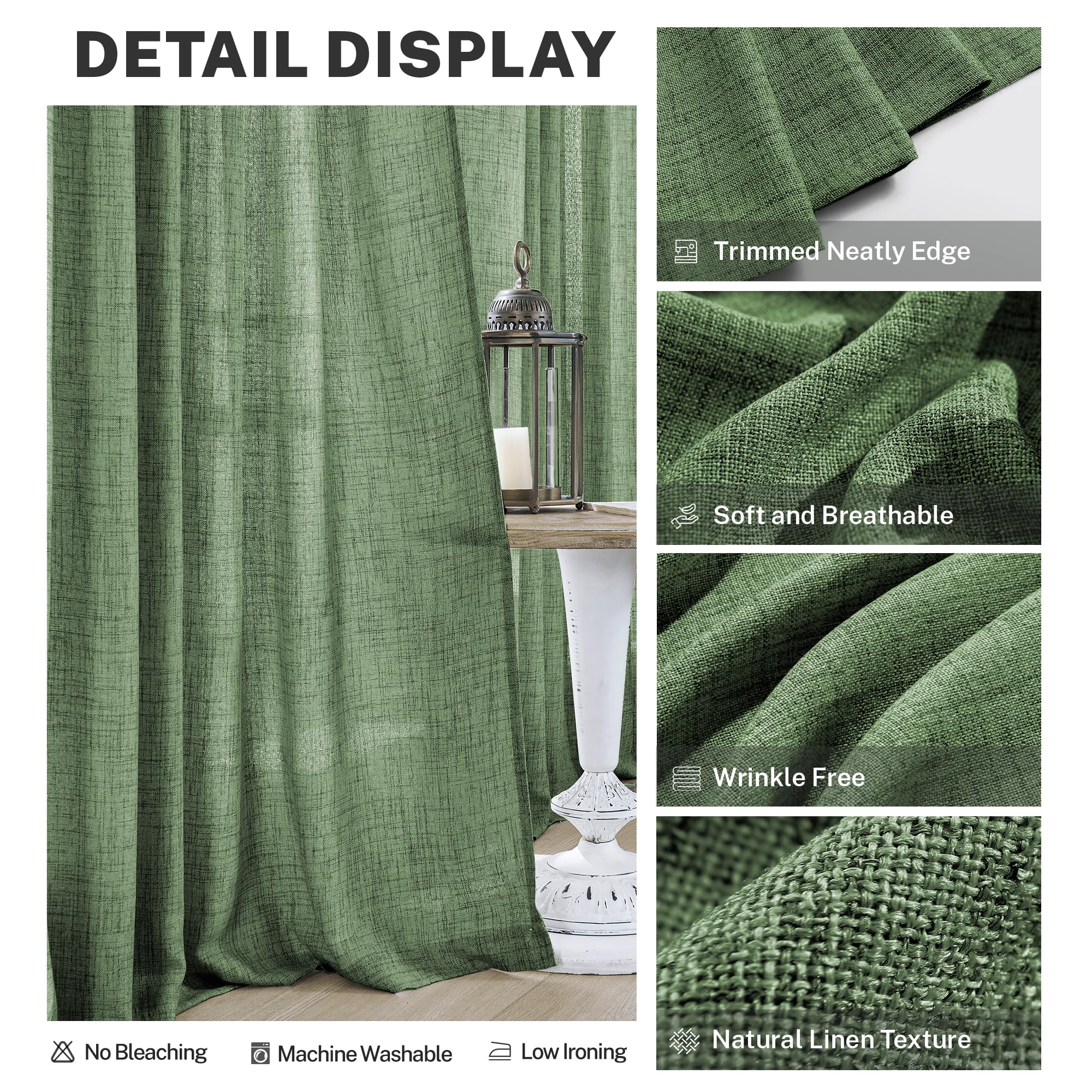 Olive Green Linen Curtains 84 Inch Length For Living Room 2 Panels Back Tab Light Filtering Boho Forest Hunter Green Semi Sheer