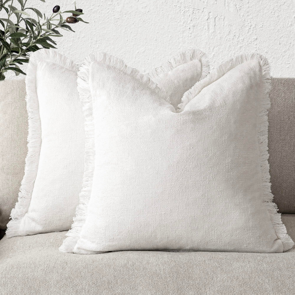 Foindtower Set of 2 Decorative Linen Fringe Throw Pillow Covers Cozy Boho Farmhouse Cushion Cover with Tassels Soft Accent Pillo