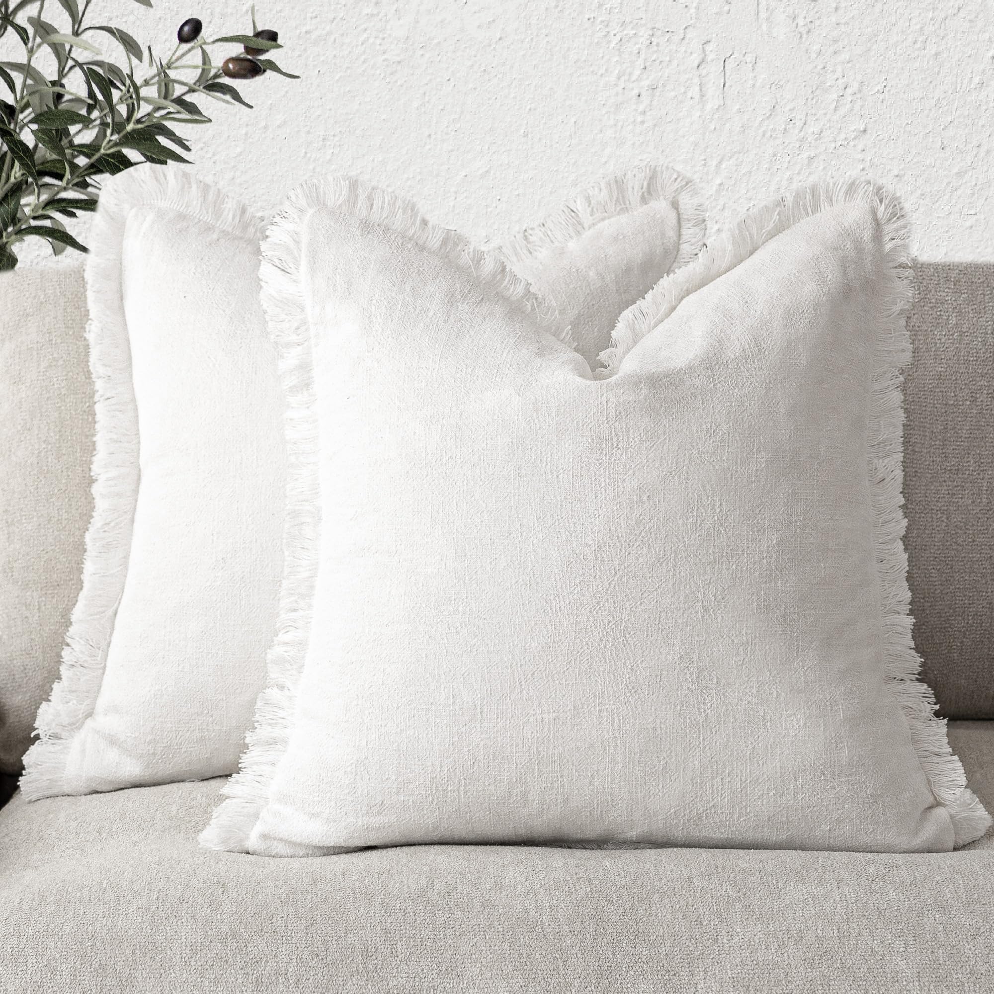 Foindtower Set of 2 Decorative Linen Fringe Throw Pillow Covers Cozy Boho Farmhouse Cushion Cover with Tassels Soft Accent Pillo