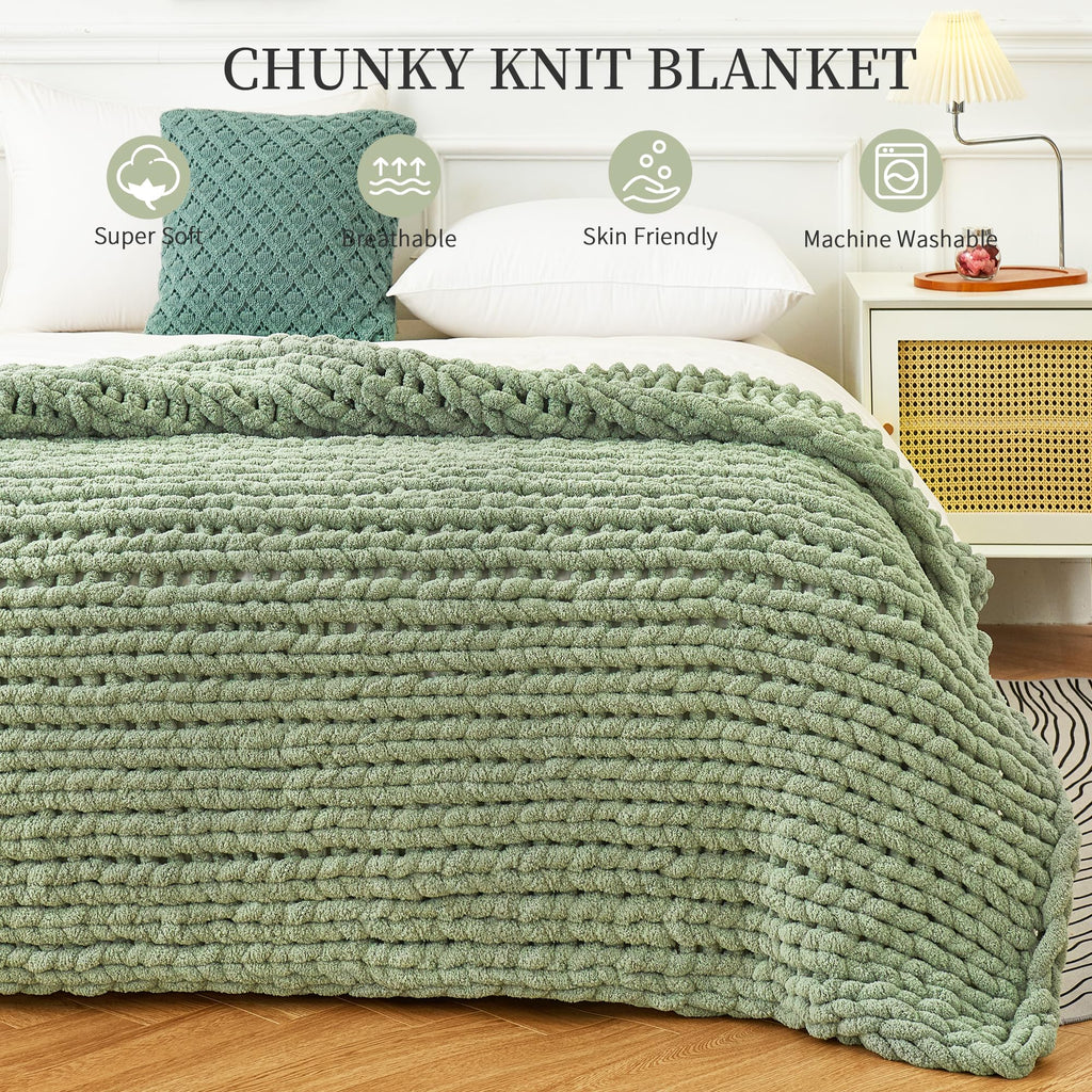 Admitrack Chunky Knit Blanket Throw, 100% Hand Knit Chenille Throw Blanket For Sofa & Home Decor, Soft And Cozy Knitted Throw Bl