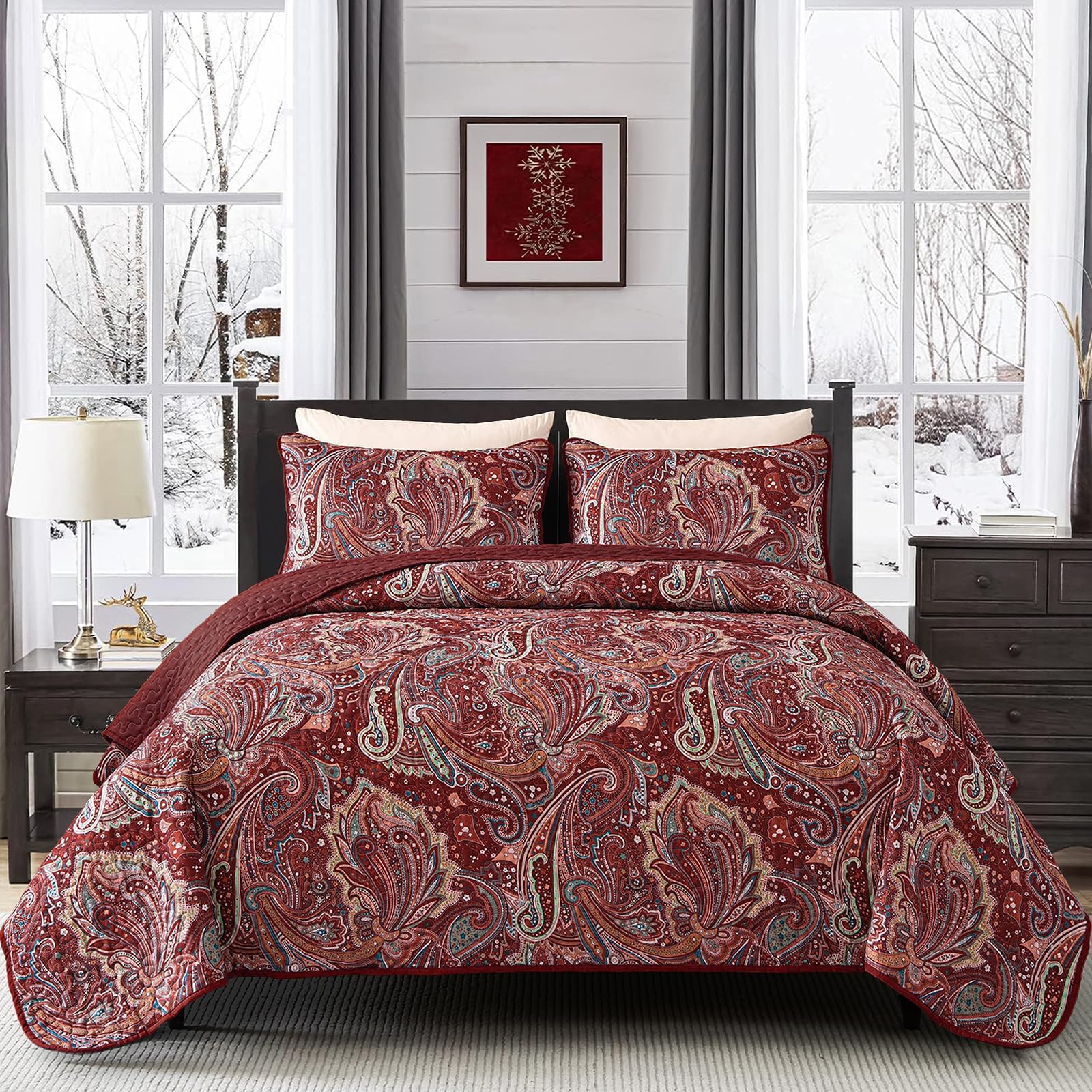 Djy Red Paisley Quilt Set King Size Boho Quilt Bedspread Set 3 Pieces, Soft Lightweight Microfiber Coverlet Set Paisley Floral P