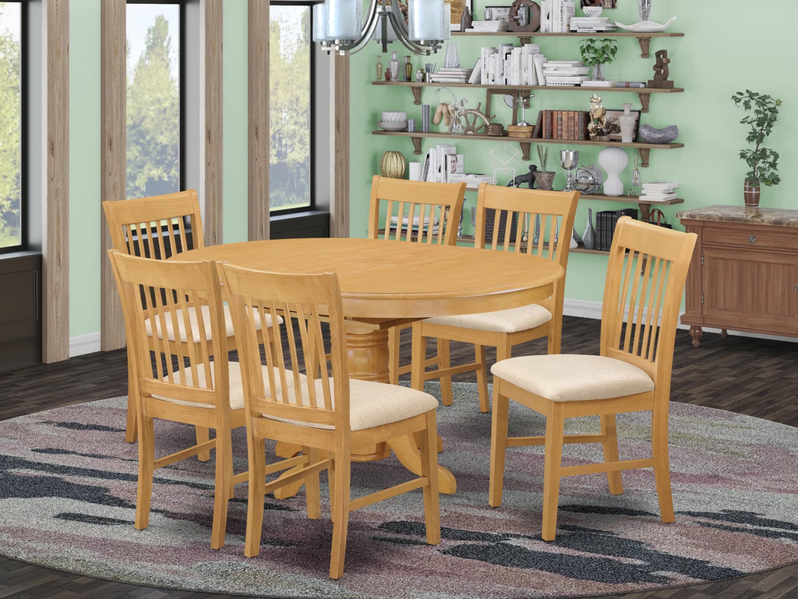 East West Furniture AVNO7-OAK-C 7 Piece Dining Room Furniture Set Consist of an Oval Kitchen Table with Butterfly Leaf and 6 Linen Fabric Upholstered Chairs, 42x60 Inch, Oak