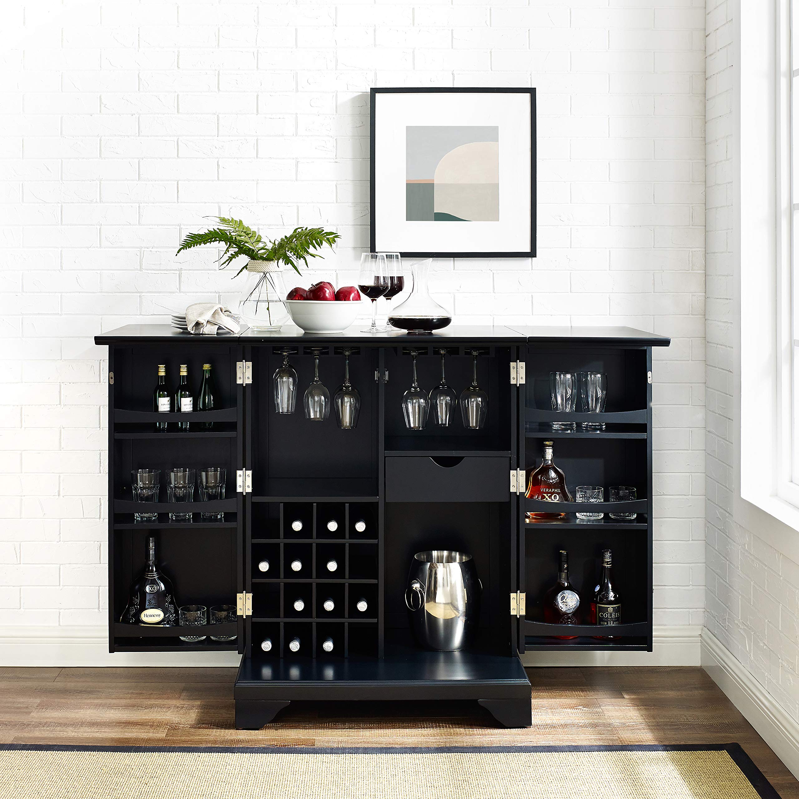 Crosley Furniture Lafayette Expandable Bar Cabinet With Storage Shelves, Drawer, And Wine Rack, Black