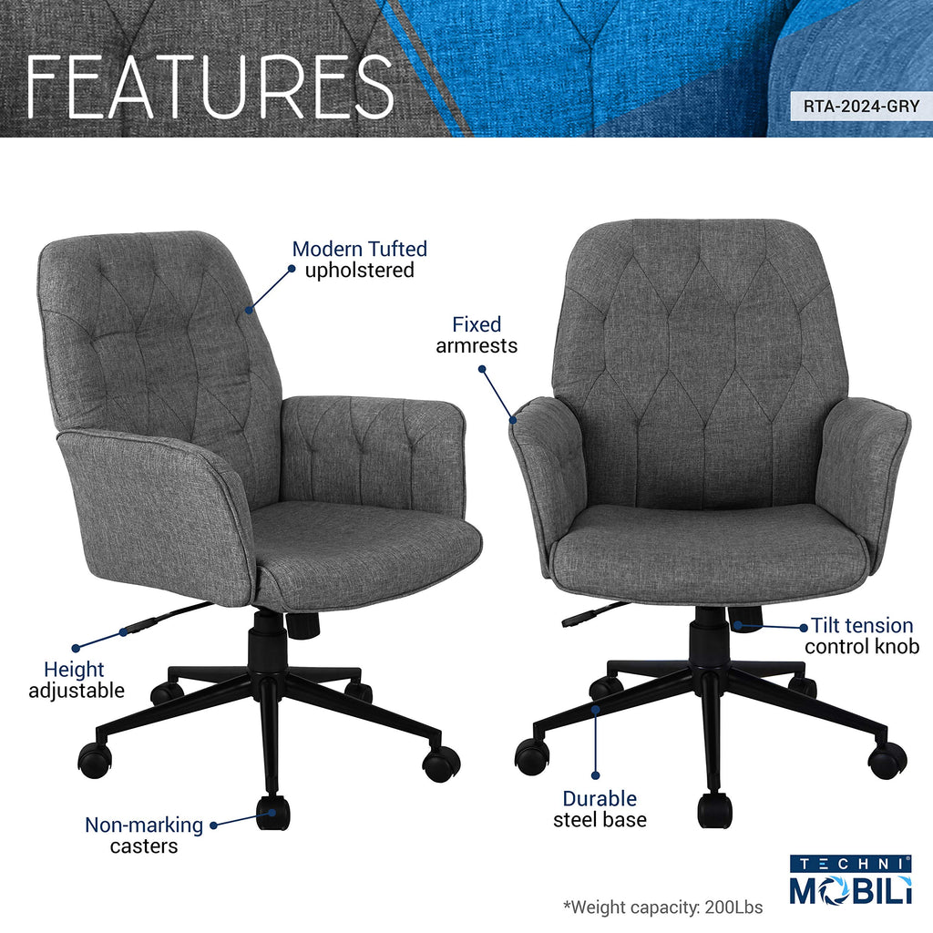 Techni Mobili Executive Modern Upholstered Tufted Office Chair With Arms, Regular, Grey