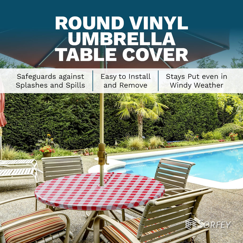 Sorfey Vinyl Umbrella Round Fitted Tablecloth Cover, Checkered Design, Flannel Backed Lining 60 Inch, Black
