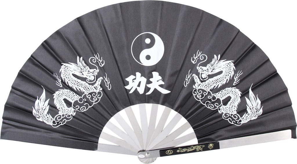 MASTER USA - Kung Fu Fighting Fan - Metal Frame, Black Nylon Fan with Dual Dragons, Ying Yang, Tai Chi Symbol - 2510-CBK - Marti