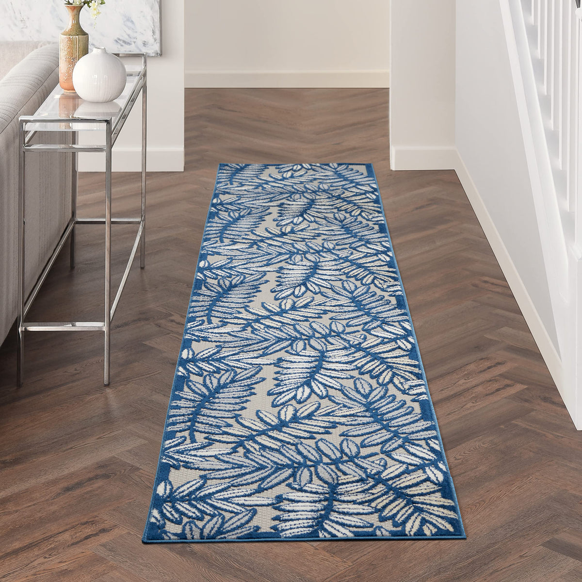 Nourison Aloha Indoor/Outdoor Ivory/Navy 2'3' X 12' Area Rug, Tropical, Botanical, Easy Cleaning, Non Shedding, Bed Room, Kitch