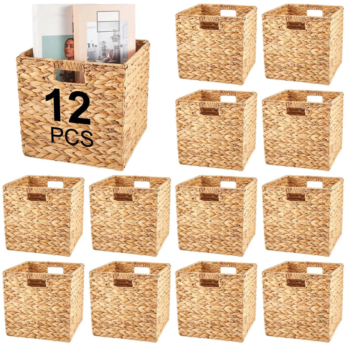 Jinei 12 Pcs Water Hyacinth Storage Baskets 12x12x12 Wood Color
