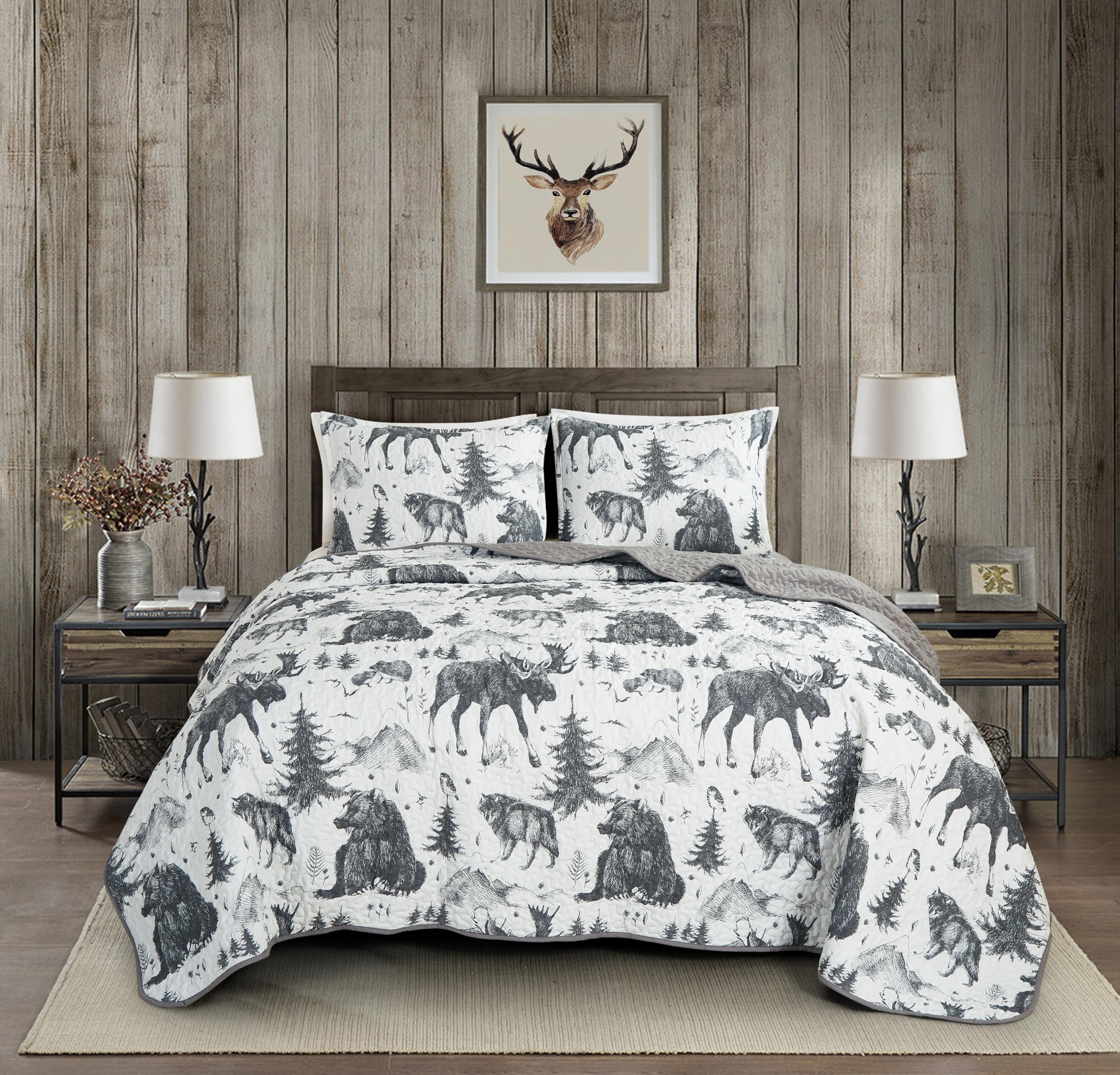 Chezmoi Collection Denver 3-Piece Southwestern Lodge Quilt Set King - White Black Gray Grizzly Bear Wolves Moose Pine Tree Mount