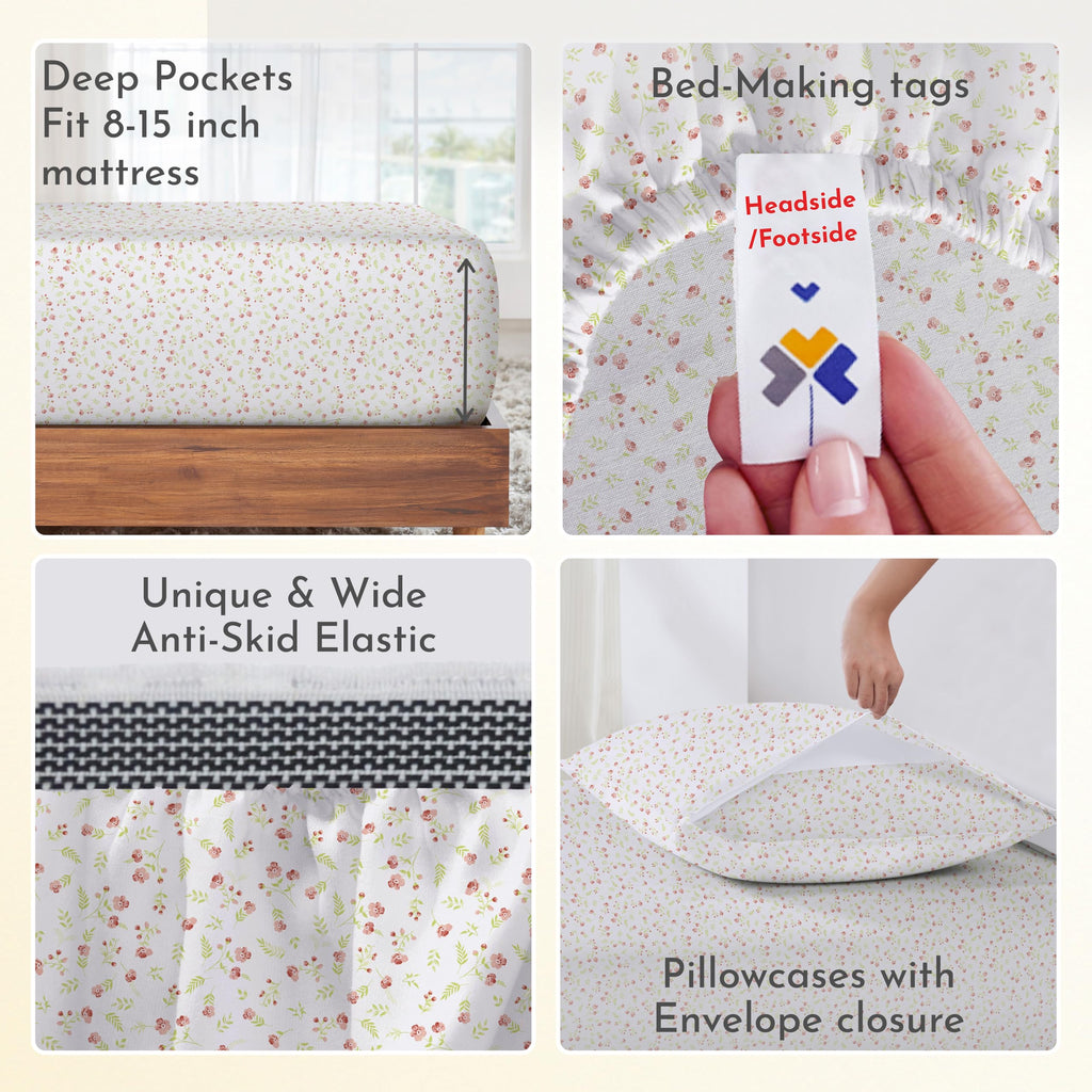 California Design Den King Floral Sheet Set, 100% Organic Cotton Percale Sheets, Deep Pocket King Sheets & Pillowcase Set - Floral