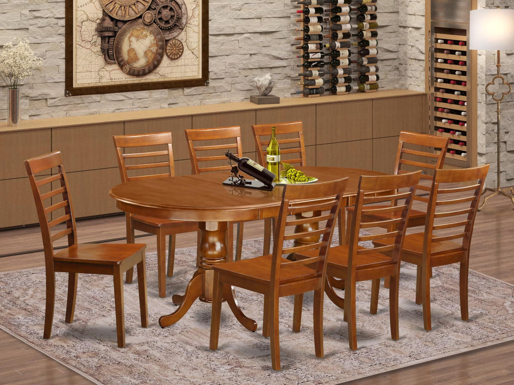 East West Furniture PLML9-SBR-W 9 Piece Dining Set Includes an Oval Dining Room Table with Butterfly Leaf and 8 Kitchen Chairs, 42x78 Inch, Saddle Brown