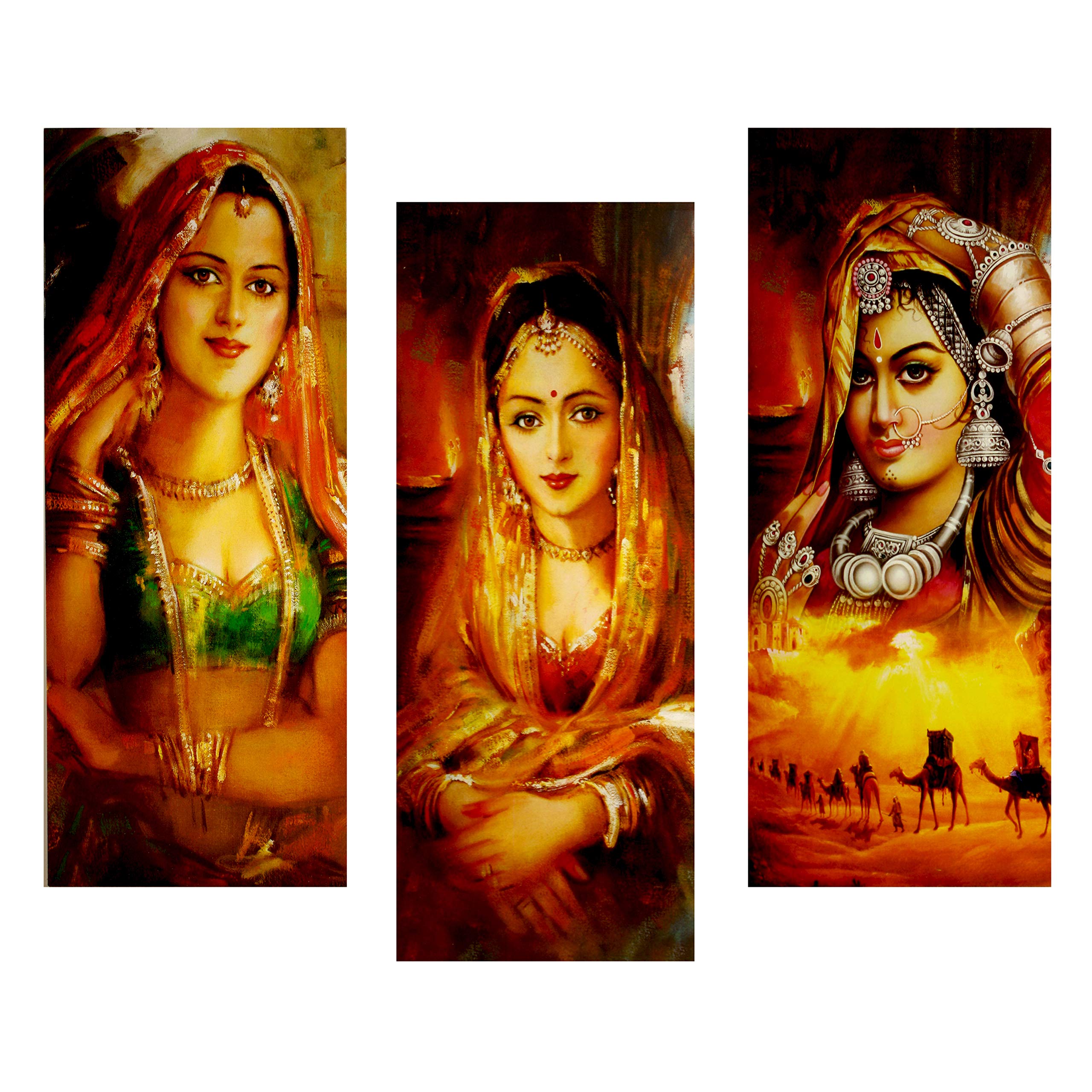 Indianara Set Of 3 Folk Art 6 Mm Mdf Paintings (1693) Without Glass 6 X 15, 6 X 15, 6 X 15 Inch