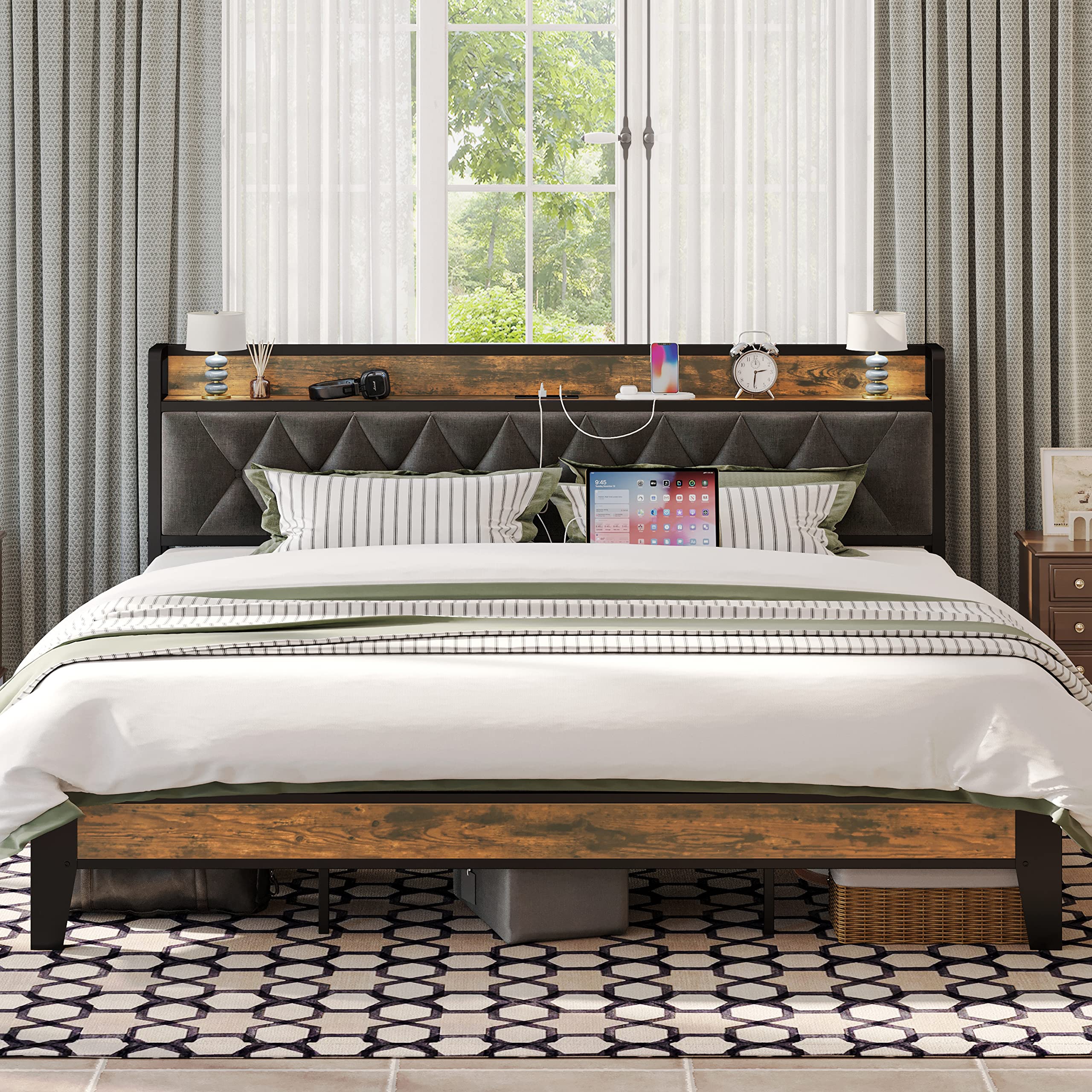 ANCTOR King Size Bed Frame, Storage Headboard with Outlets, Easy to Install, Sturdy and Stable, No Noise, No Box Springs Needed 