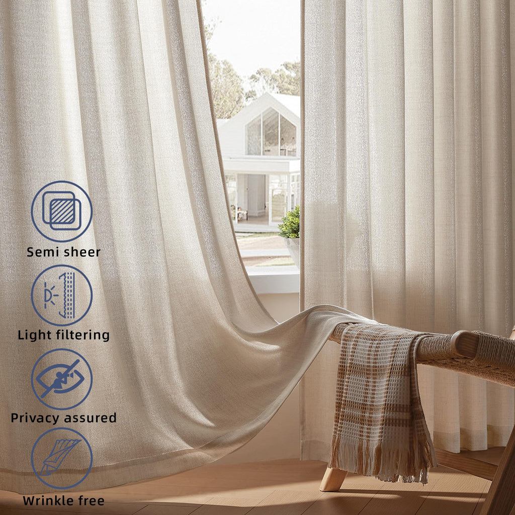 Daysu Linen Curtains 108 Inches Long 2 Panels Set For Bedroom/Living Room, Oatmeal Semi Sheer Farmhouse Curtains, Rod Pocket Hoo
