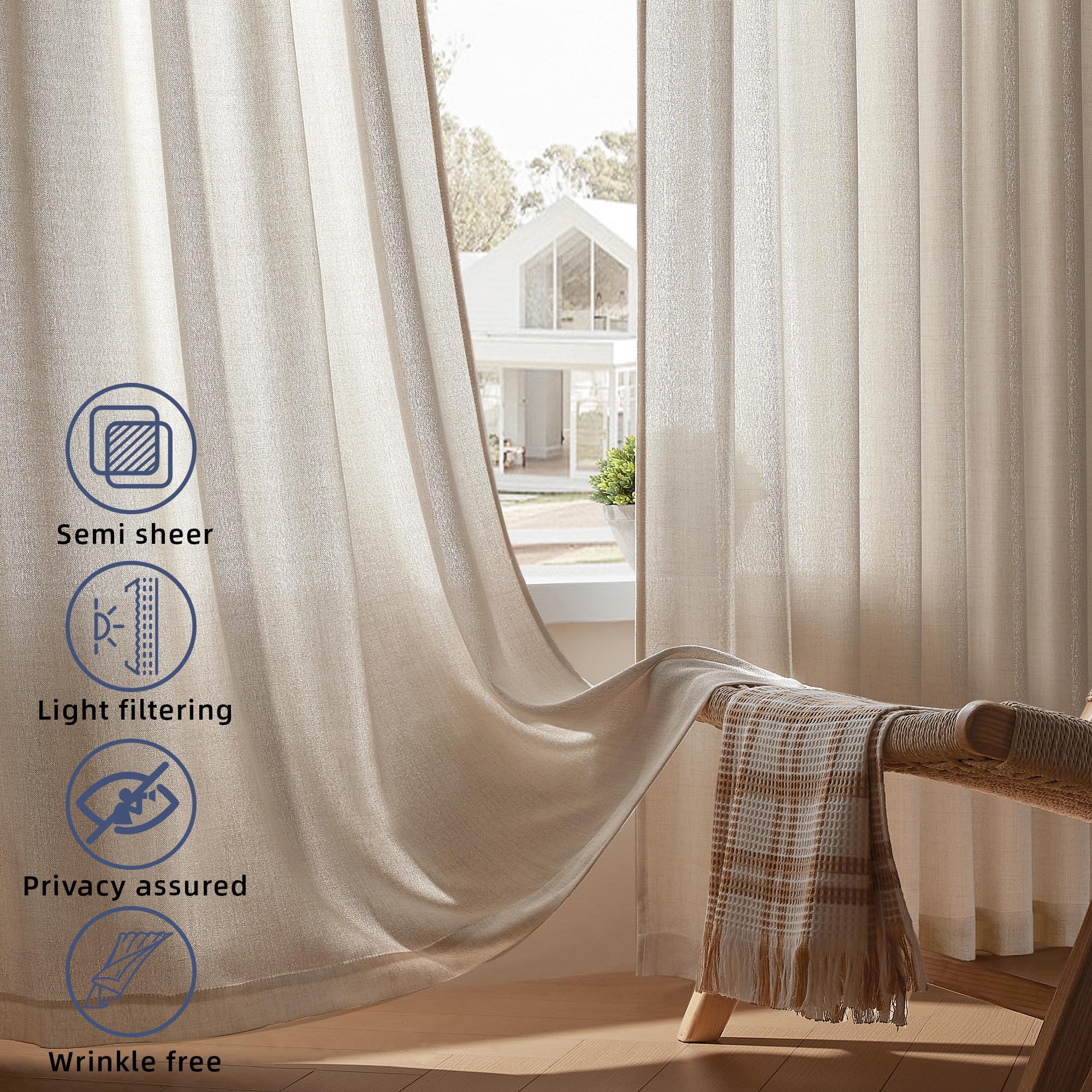 Daysu Linen Curtains 108 Inches Long 2 Panels Set For Bedroom/Living Room, Oatmeal Semi Sheer Farmhouse Curtains, Rod Pocket Hoo