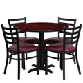Flash Furniture Carlton 36'' Round Mahogany Laminate Table Set with X-Base and 4 Ladder Back Metal Chairs - Burgundy Vinyl Seat