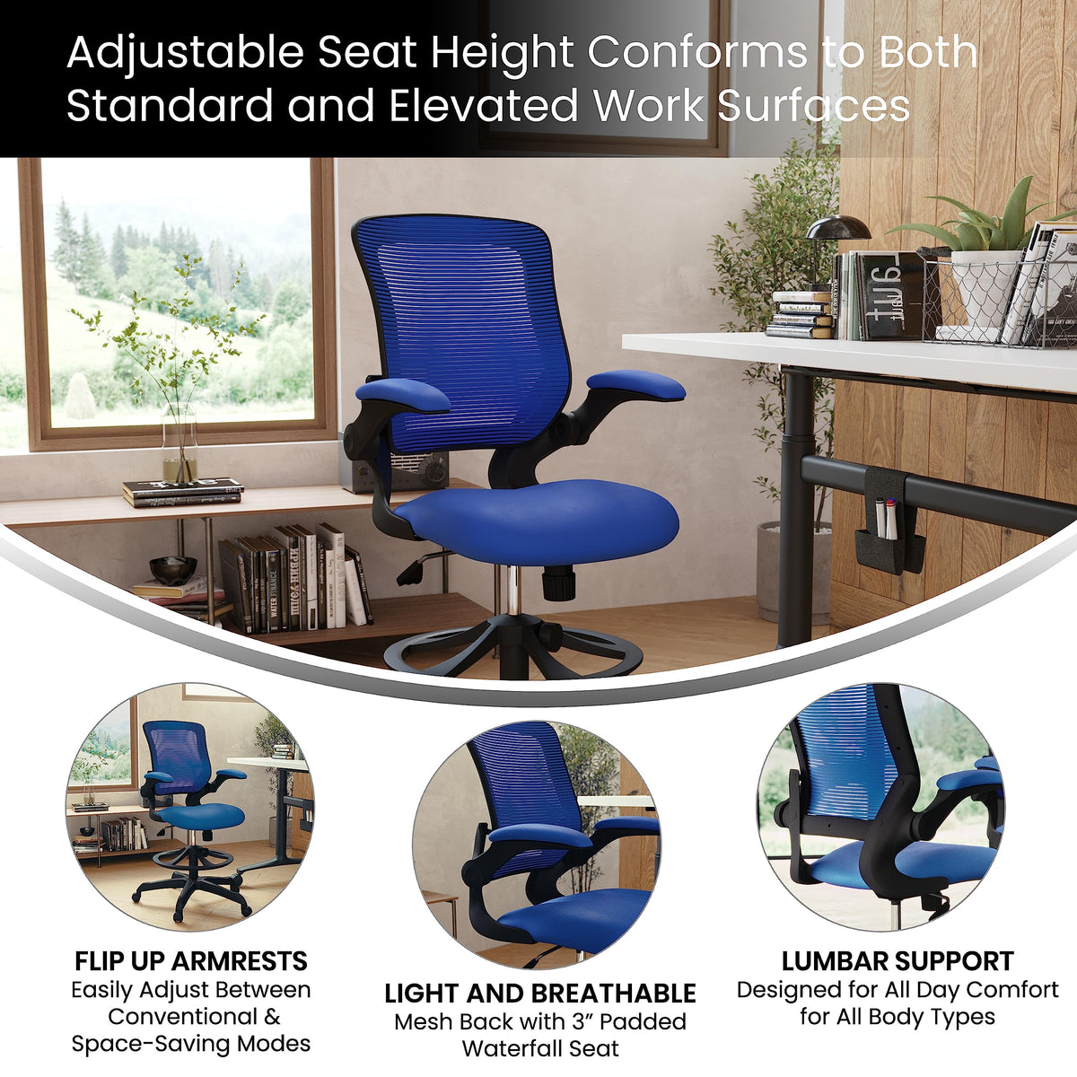 Flash Furniture Kale Mid-Back Blue Mesh Ergonomic Drafting Chair | Adjustable Foot Ring, Flip-Up Arms