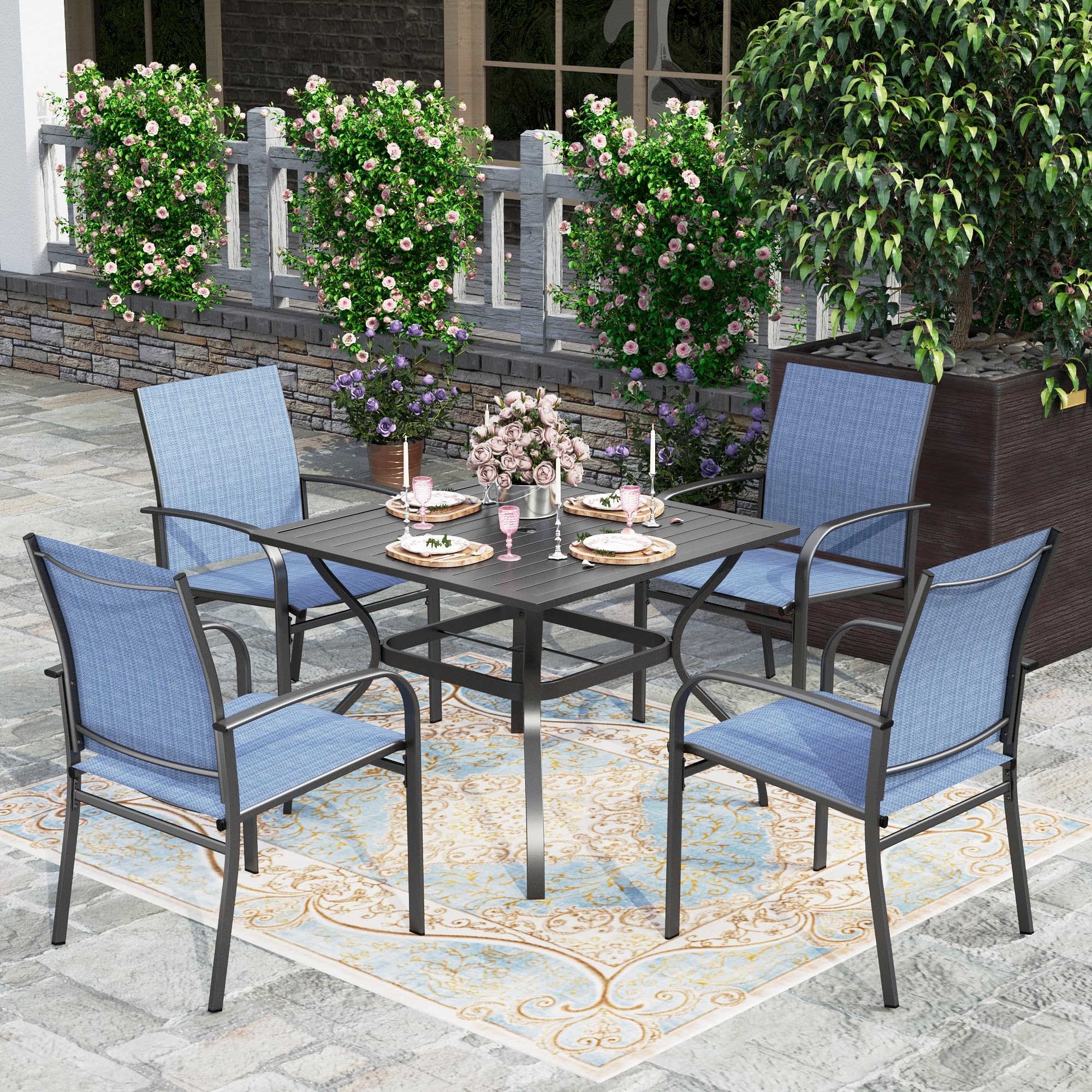 Hera'S House 5 Pieces Patio Dining Set, Outdoor Table And Chairs Set For 4, 4 X Blue Textilene Dining Chair, 37'' Square Metal D