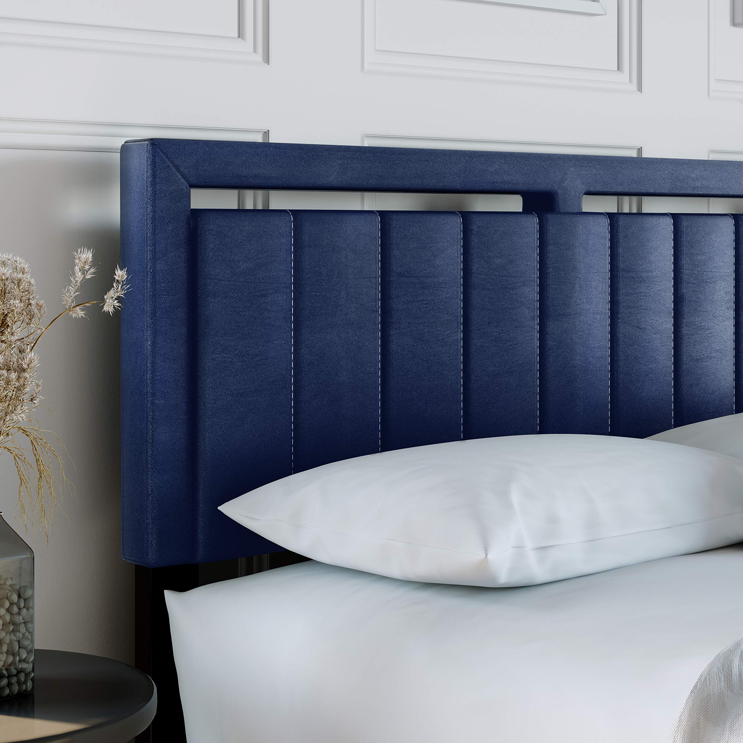 Boyd Sleep Beaumont Upholstered Platform Bed with Headboard, Mattress Foundation with Strong 14 Wood Slat Supports, No Box Spring Required, Blue Faux Leather, Size King