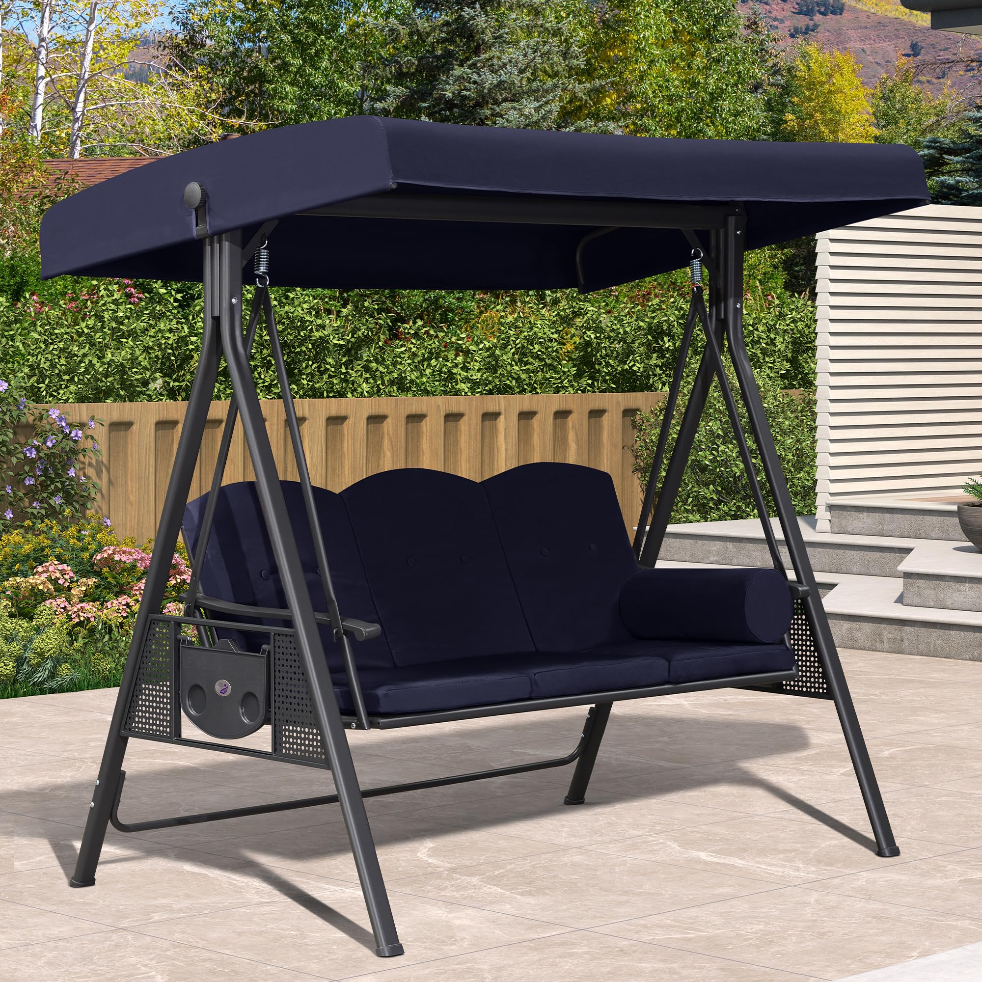 Purple Leaf Outdoor Patio Porch Swing With Stand, 3-Seat Swing Chair With Adjustable Tilt Canopy All-Weather Steel Frame For Backyard Front Porch Lawn, Cushions And Pillow Included, Navy Blue