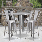 Flash Furniture Callum Commercial Grade 30" Round Silver Metal Indoor-Outdoor Bar Table Set With 4 Cafe Stools