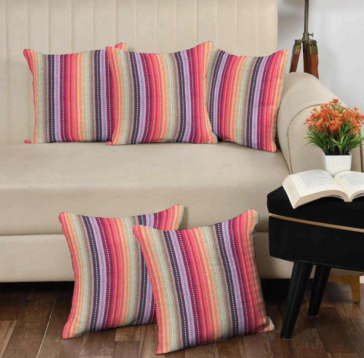 Amazon Brand  Umi Cotton Salsa Stripe Cushion Cover Set Of 5 20X20 Inch Red/Rust Multicolour Large Square Throw Pillow Covers F
