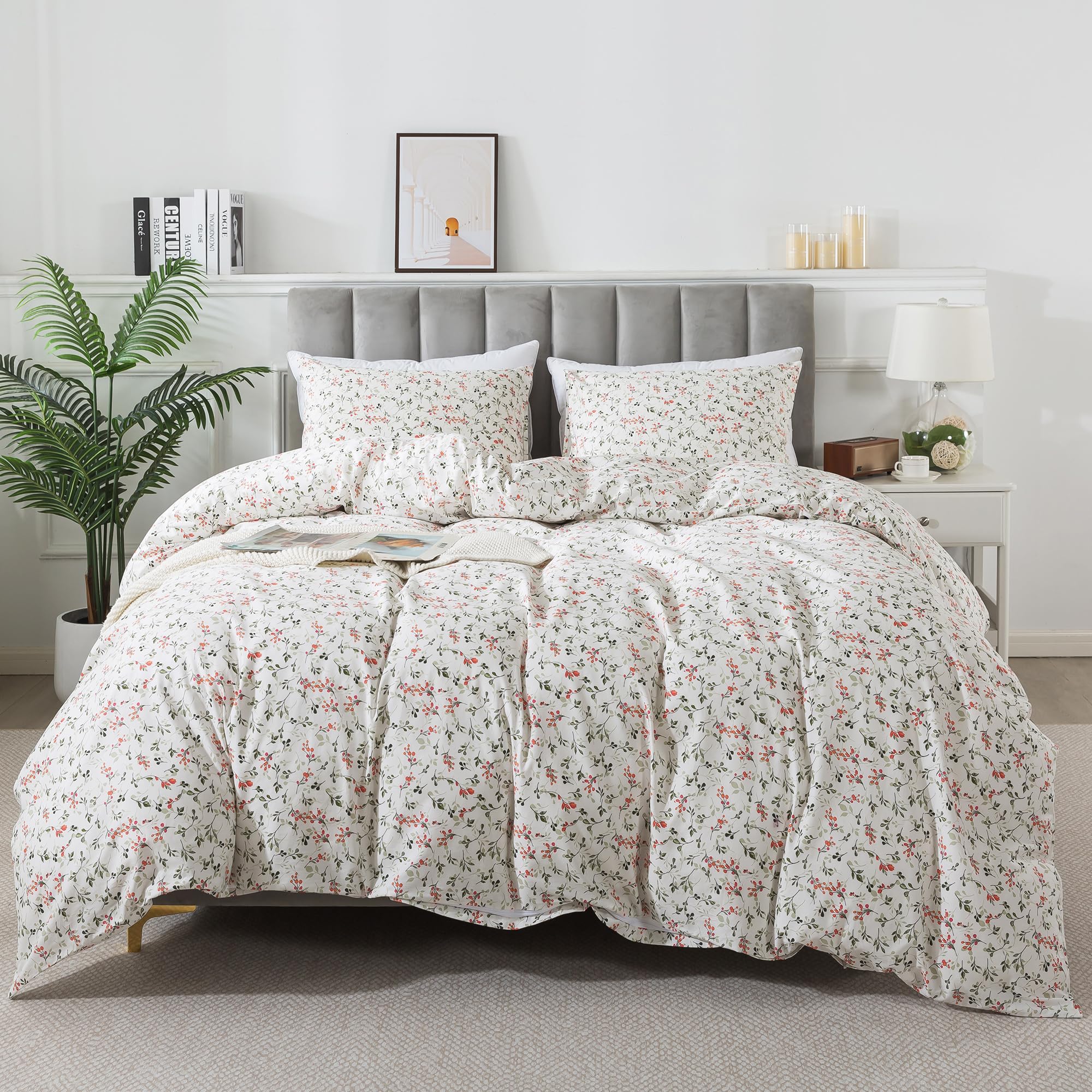 Honeilife Duvet Dover King Size - 100% Cotton Comforter Cover Floral Duvet Cover Sets, Breathable Duvet Cover With Zipper Closur
