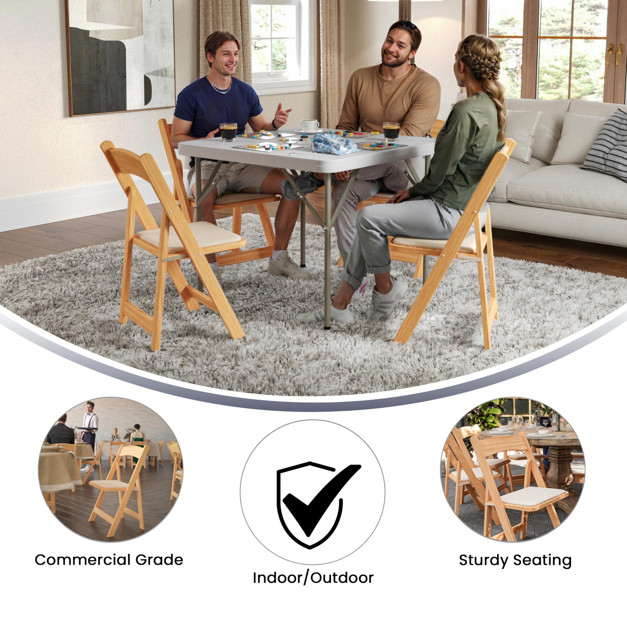 Flash Furniture HERCULES Series Natural Wood Folding Chair with Vinyl Padded Seat