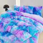 SUCSES Blue Purple Fluffy Twin Bedding Sets for Girls 3Pcs Faux Fur Plush Shaggy Kids Duvet Cover Set Twin Size Tie Dye Velvet F