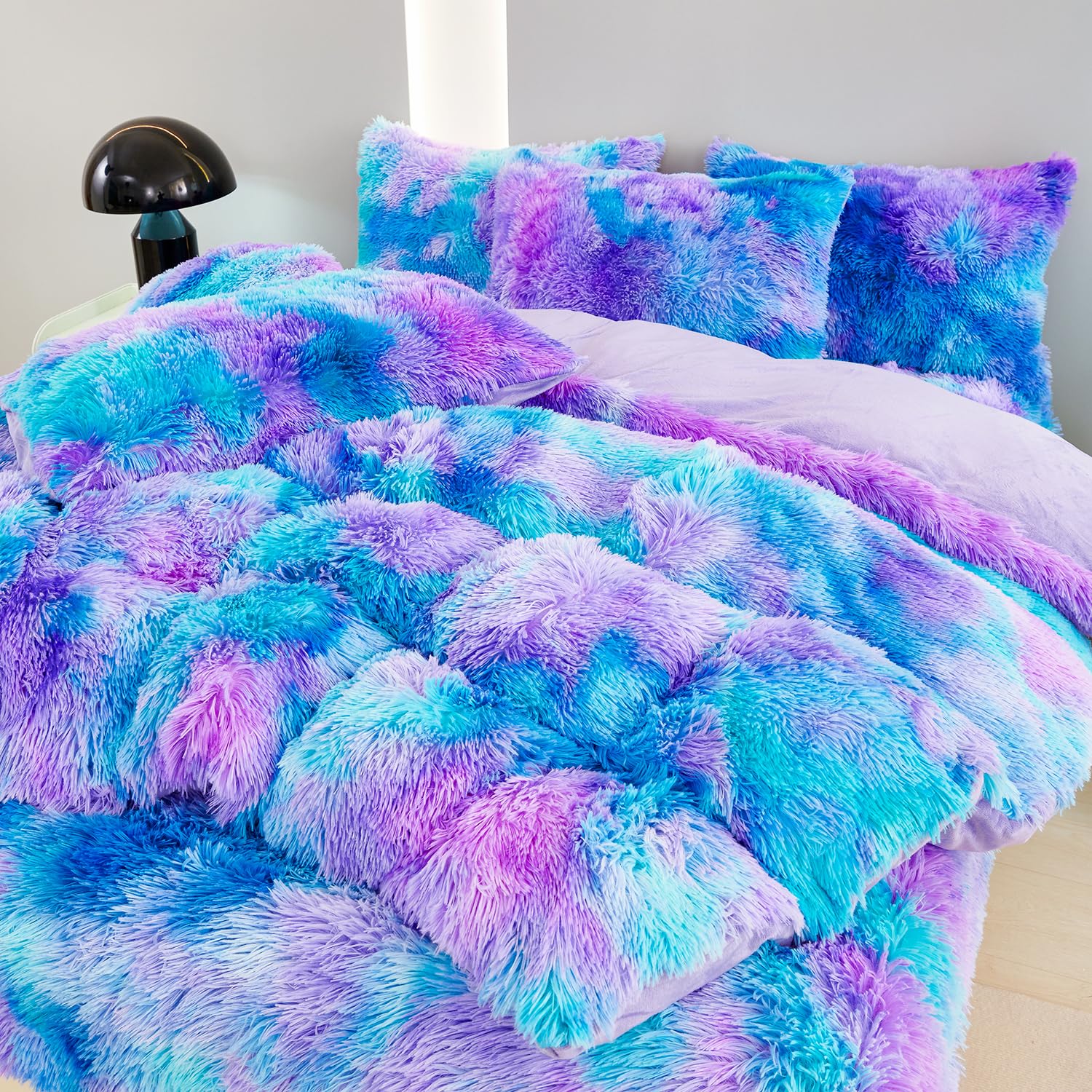 SUCSES Faux Fur Queen Size Girls Bedding Set 3Pcs Plush Shaggy Fluffy Duvet Cover Set Tie Dye Ombre Furry Velvet Comforter/Quilt