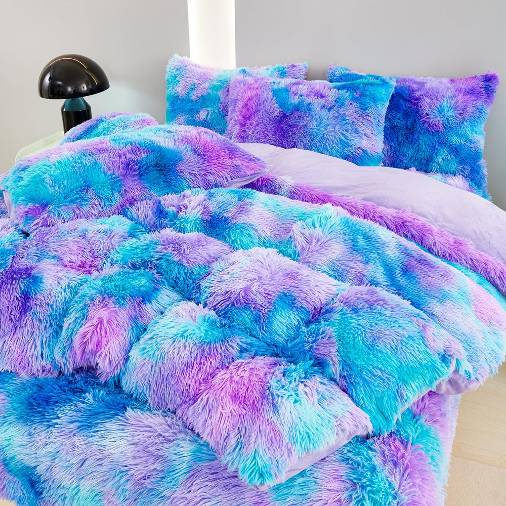 SUCSES Plush Shaggy Bedding Duvet Cover Set for Teens Girls, 3Pcs Faux Fur Fluffy Velvet Comforter Cover Set, Blue Purple Tie Dy