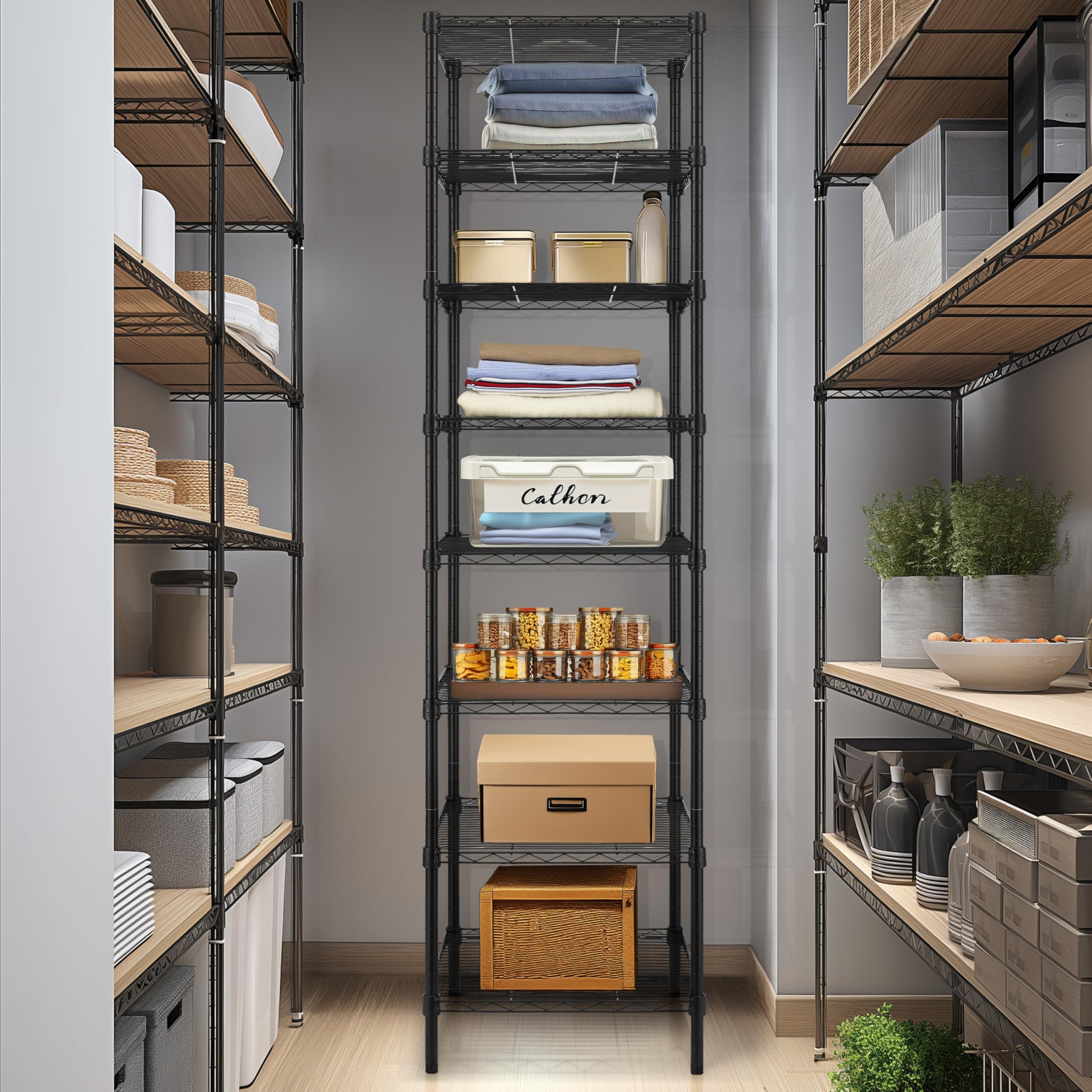 Finnhomy Heavy Duty 8 Tier Wire Shelving, 18X18X78.8 Inches 8 Shelves Storage Rack With Thicken Steel Tube, Pantry Shelves For Storage, Adjustable Metal Shelving Unit, Nsf Certified, Black