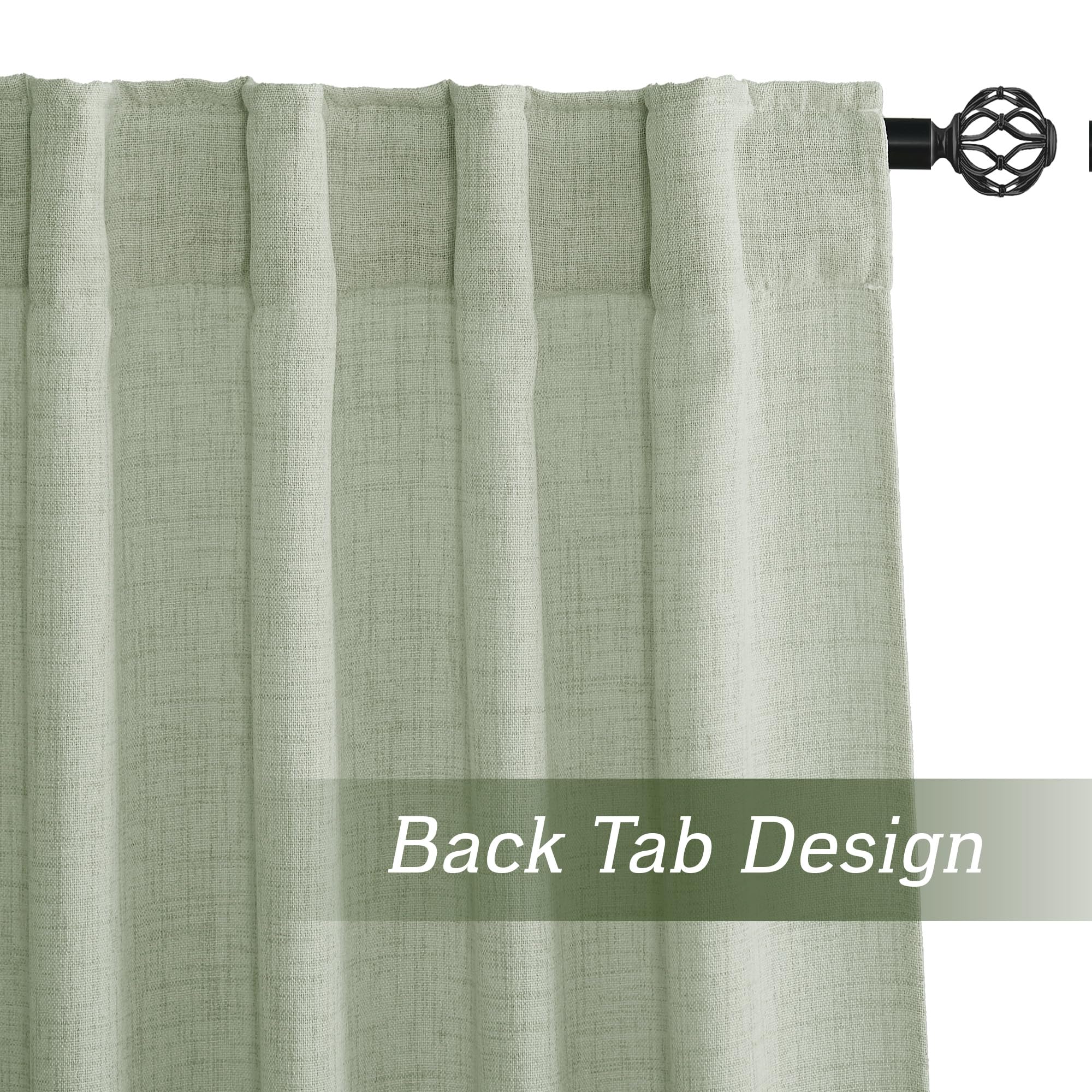 Ryb Home Linen Sheer Curtains And Drapes For Living Room And Bedroom 84 Inches Length, Breathable Back Tab/Rod Pocket Semi Sheer Curtains, Sage Green, W 52 X L 84 Inches, 2 Panels Set