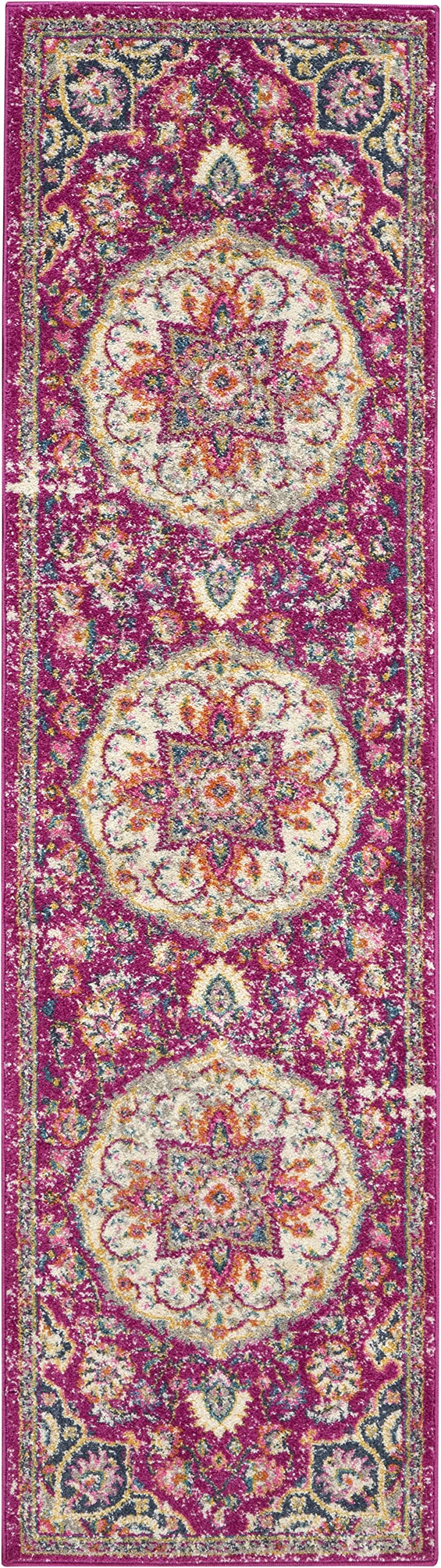 HomeRoots 100% Polypropylene 2’ x 8’ Pink and Ivory Medallion Runner Rug