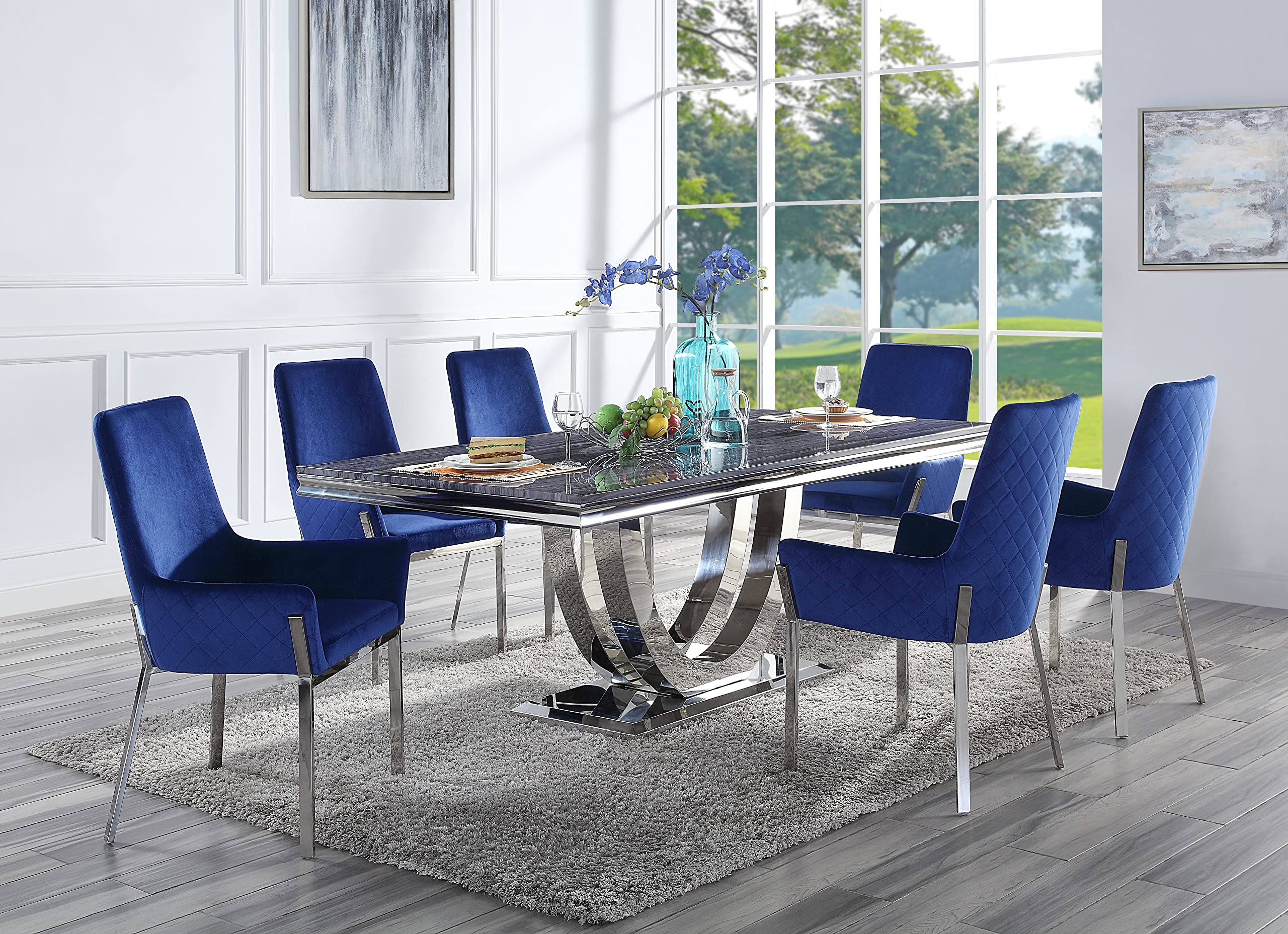 Acme Cambrie Dining Table in Faux Marble and Mirrored Silver Finish