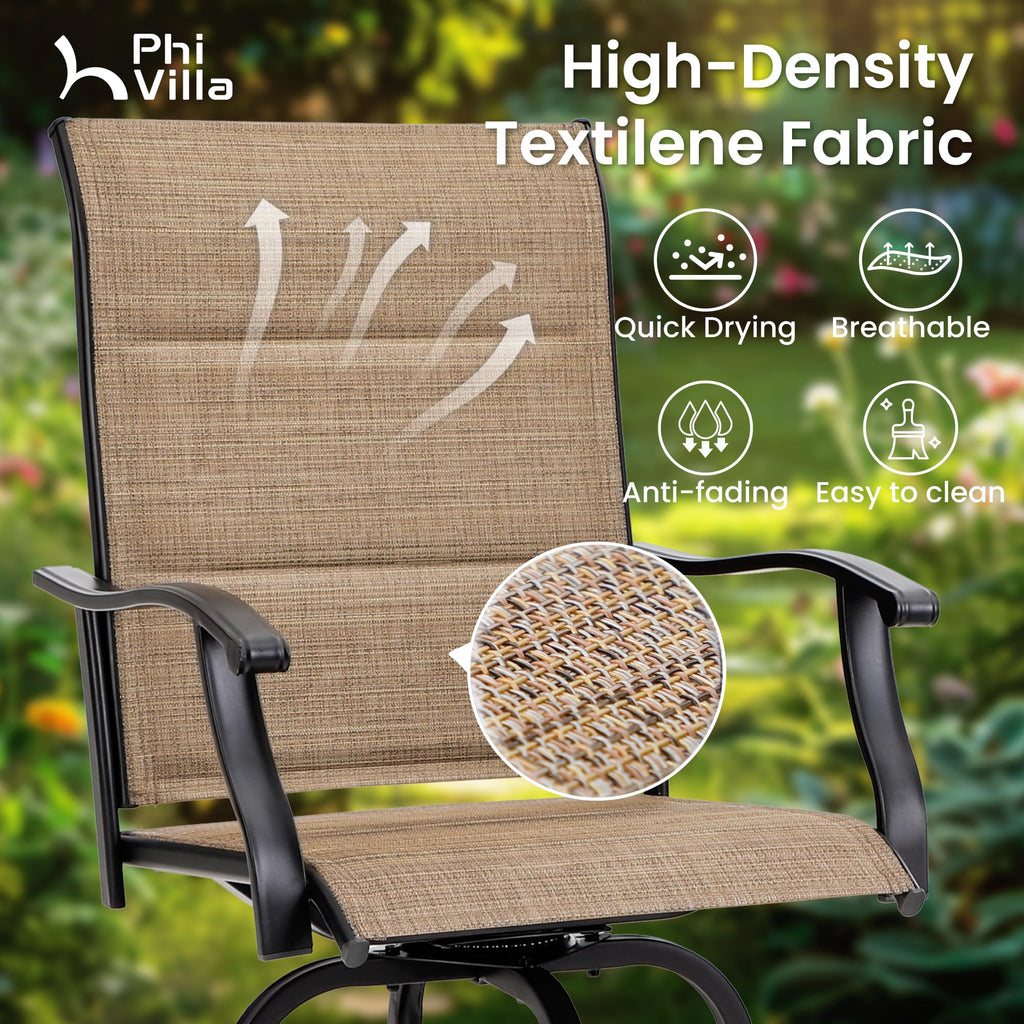 Phi Villa 3 Piece Outdoor Swivel Bar Stools Set, Bar Height Patio Bar Set With Padded Textilene Fabric, All-Weather High Top Patio Table And Chairs Furniture Set, Brown