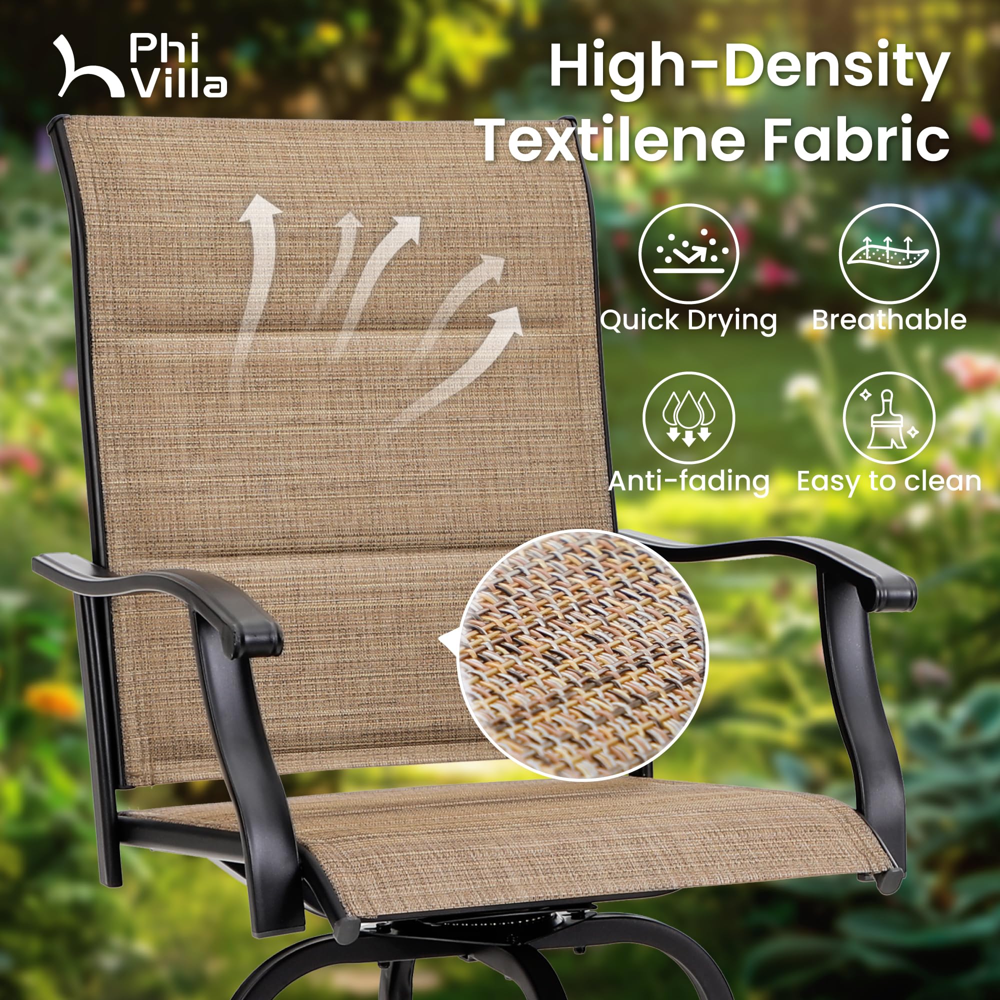 Phi Villa 3 Piece Outdoor Swivel Bar Stools Set, Bar Height Patio Bar Set With Padded Textilene Fabric, All-Weather High Top Patio Table And Chairs Furniture Set, Brown