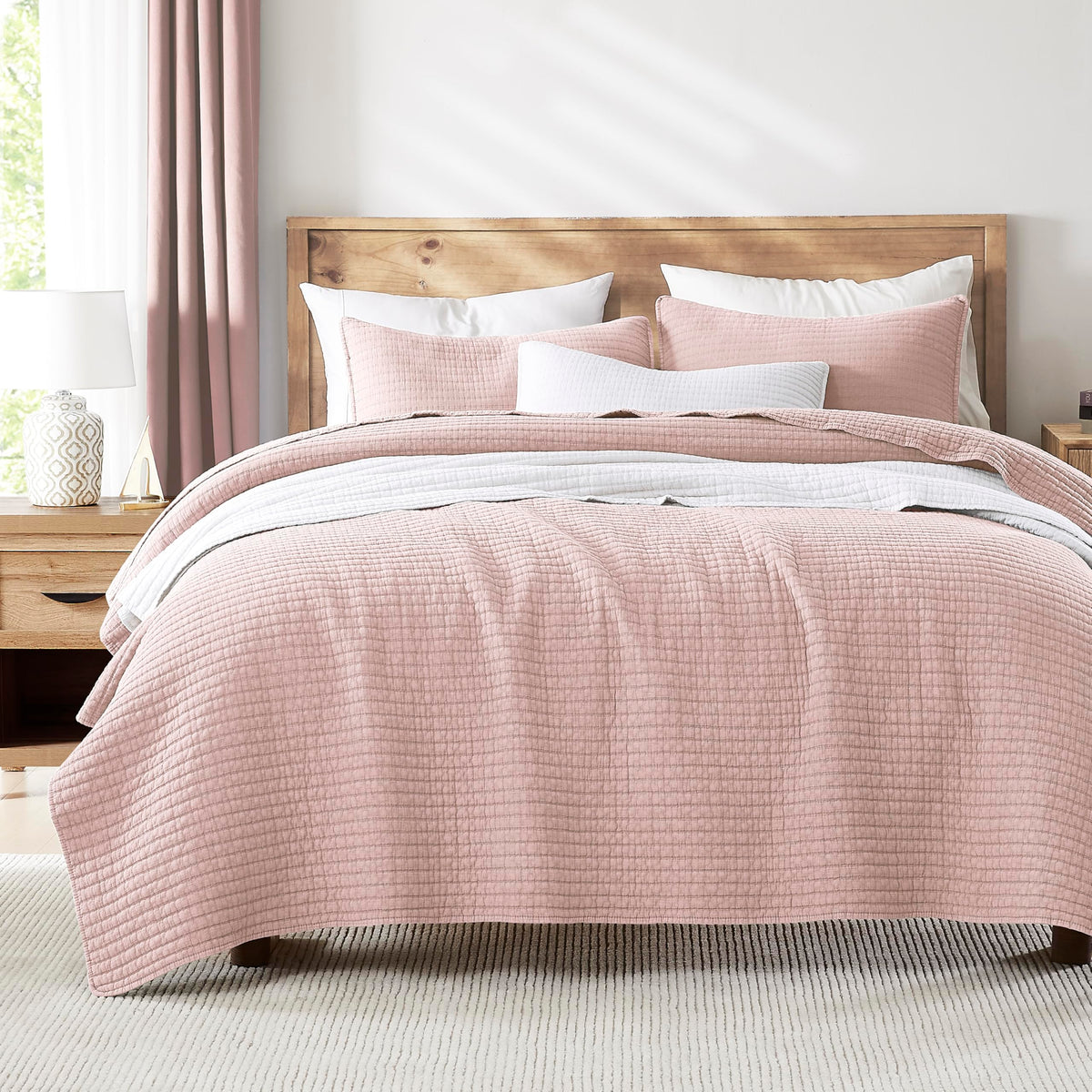 Wdcozy Pink Muslin Cotton Quilt Bedding Sets King Size With 2 Pillow Shams, Shabby Chic Rustic Textured Gauze Lightweight Countr